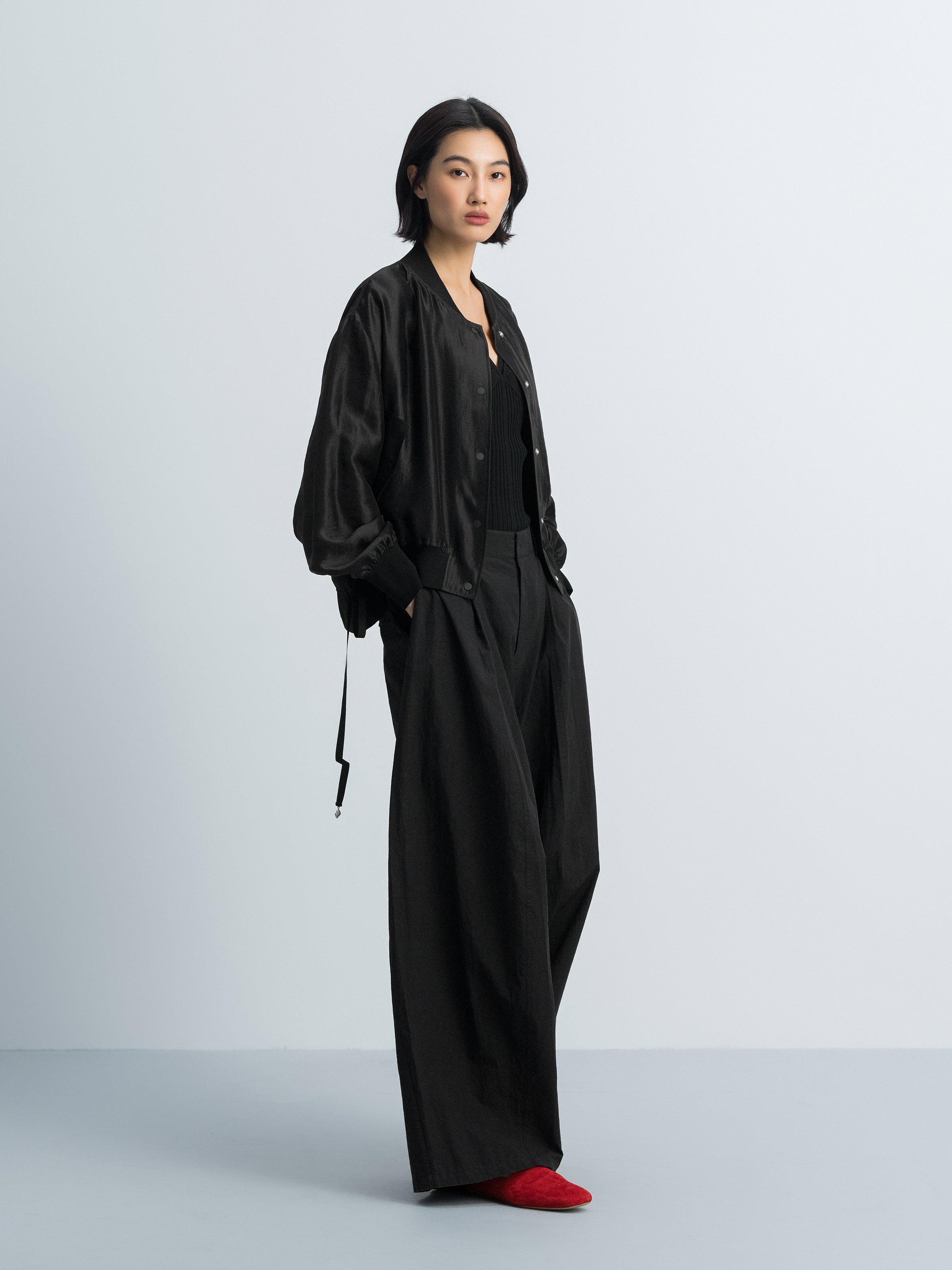 Black Shiny Silk Cropped Drop-Shoulder Drawstring Jacket