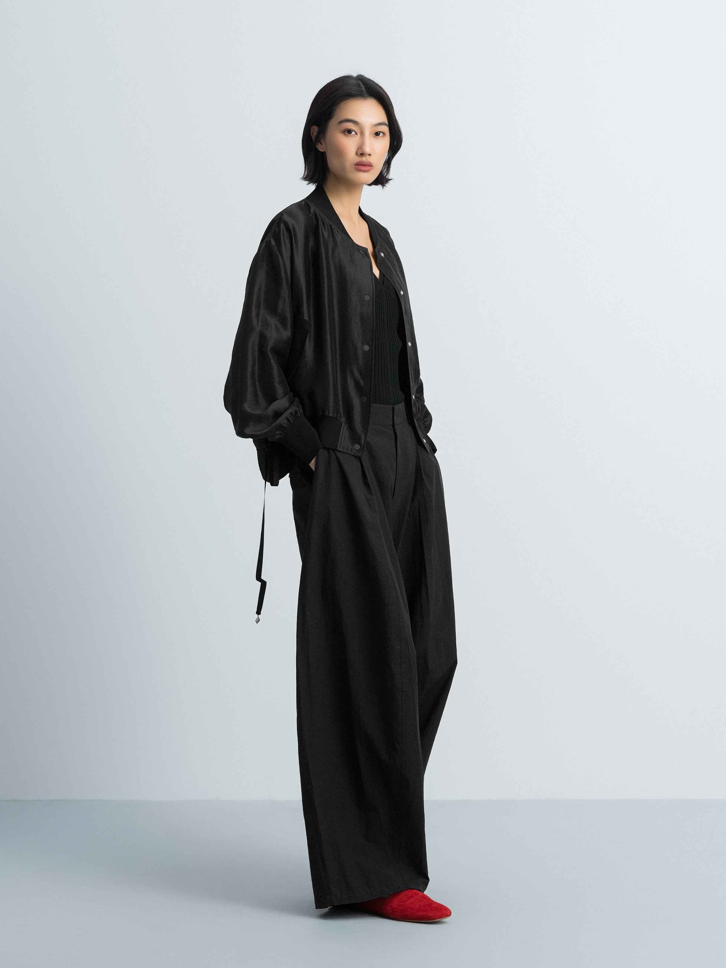 Black Shiny Silk Cropped Drop-Shoulder Drawstring Jacket