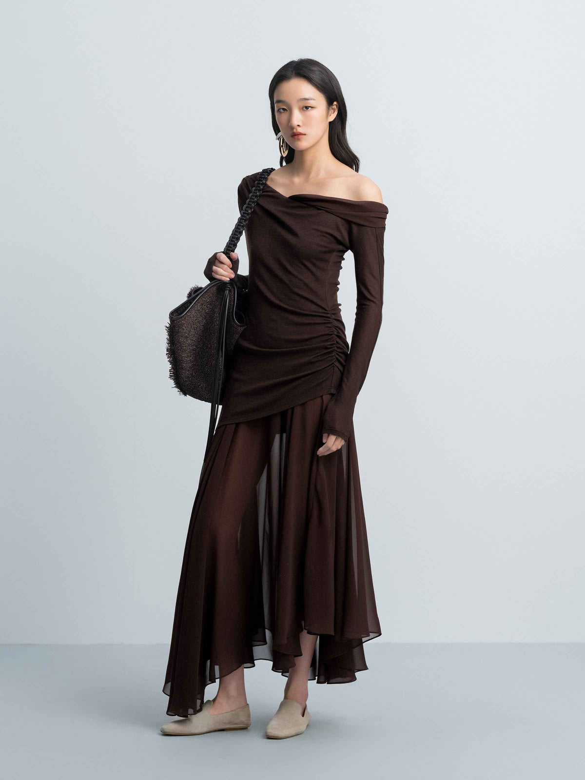 Coffee Brown Knit Silver Foil Chiffon One-Shoulder Long-Sleeve Dress