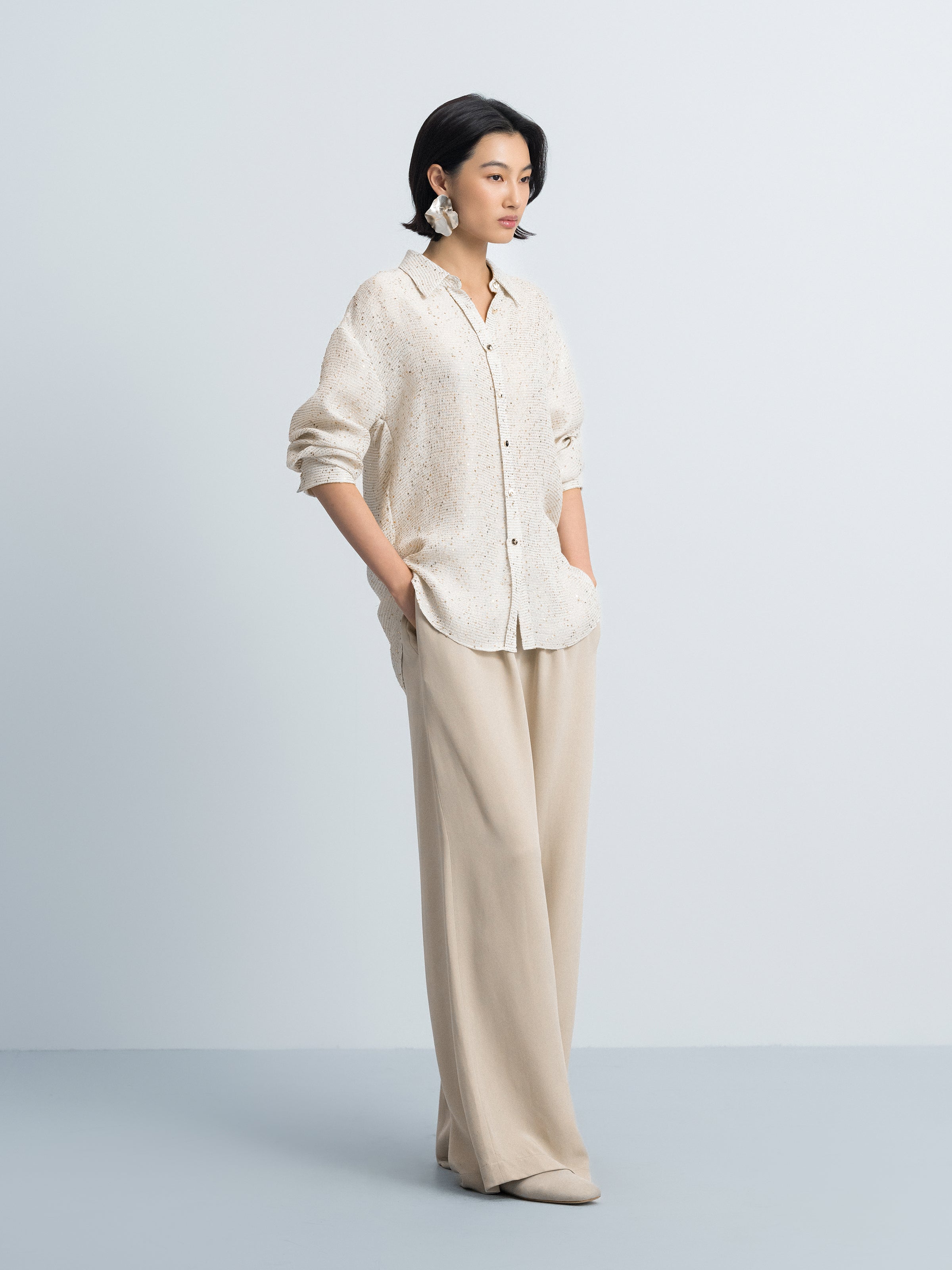 Beige Sequin Stripe Tailored Straight Long-Sleeve Shirt