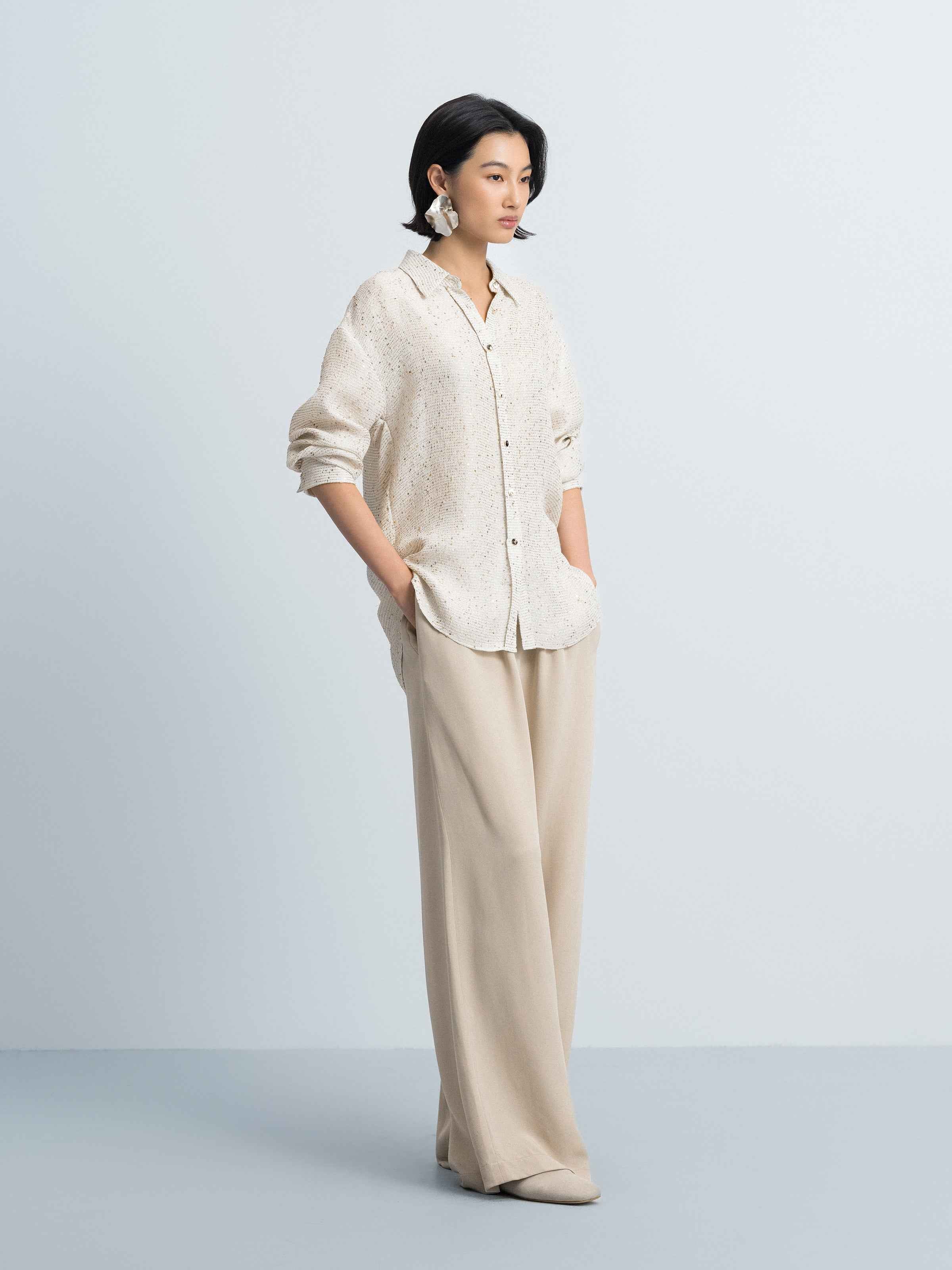 Beige Sequin Stripe Tailored Straight Long-Sleeve Shirt