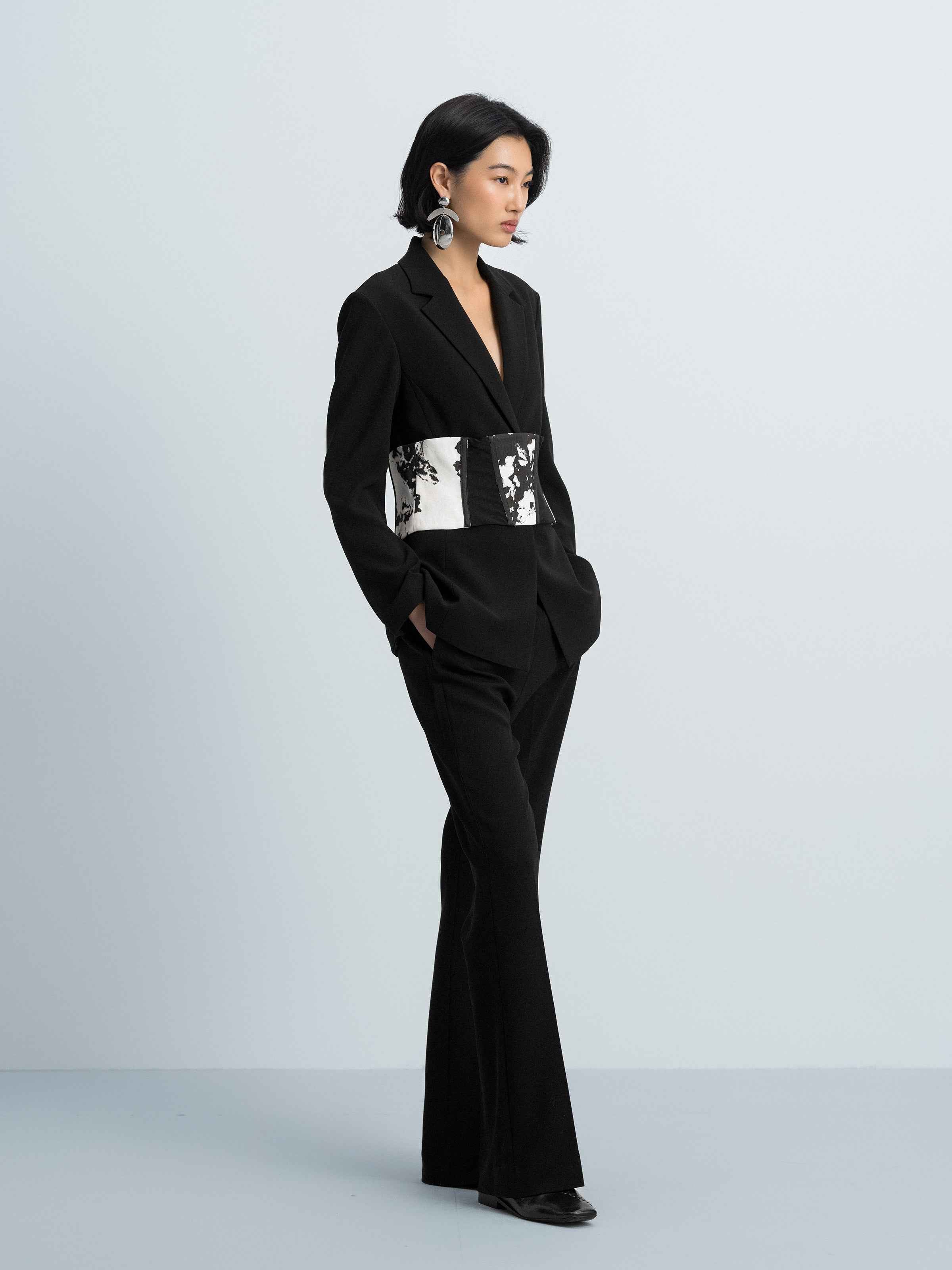 Black Triacetate Polyester Fitted Waist Detachable Belt Blazer