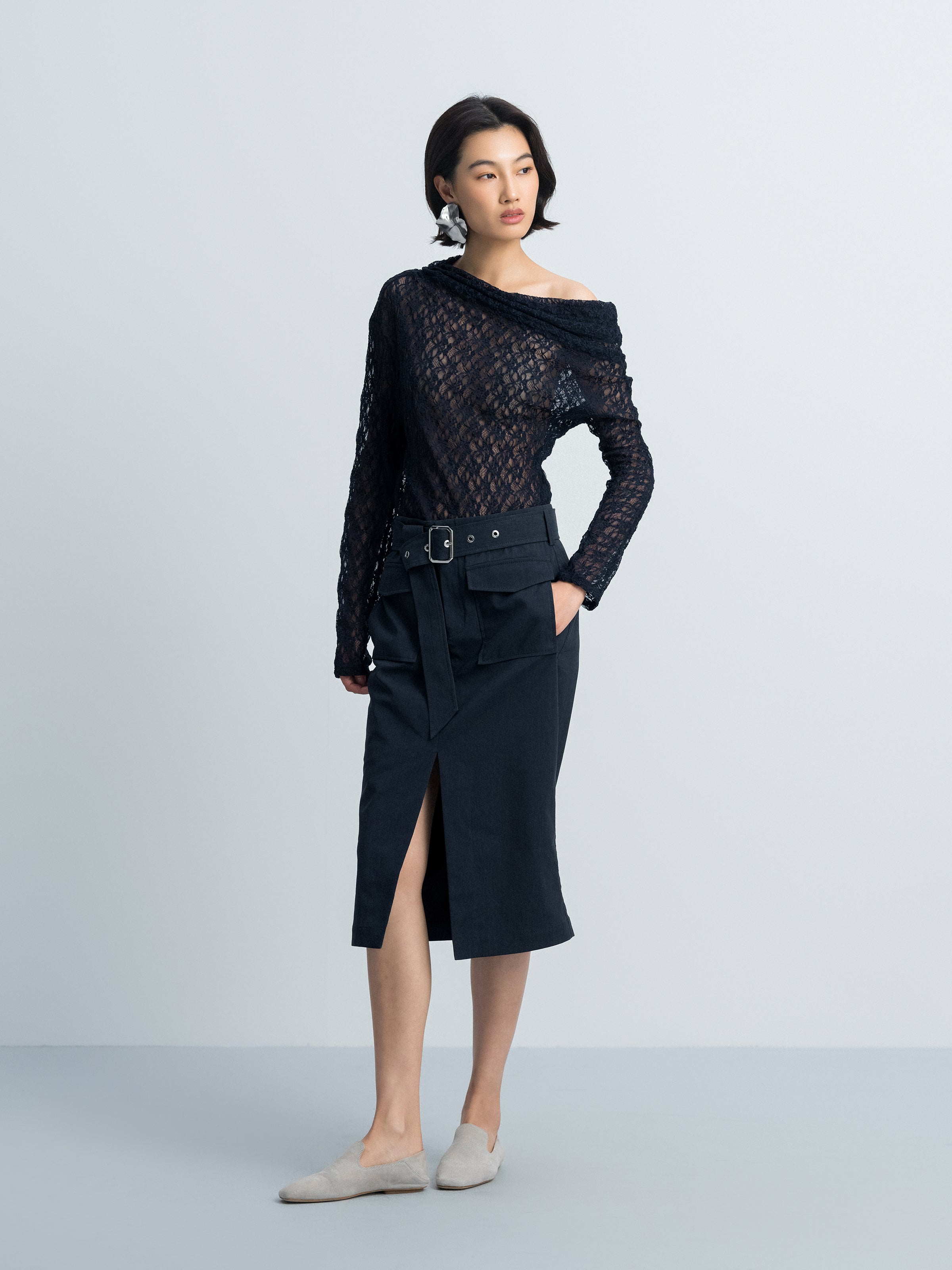Navy Blue Linen Blend D-Ring Utility Pocket Midi Skirt