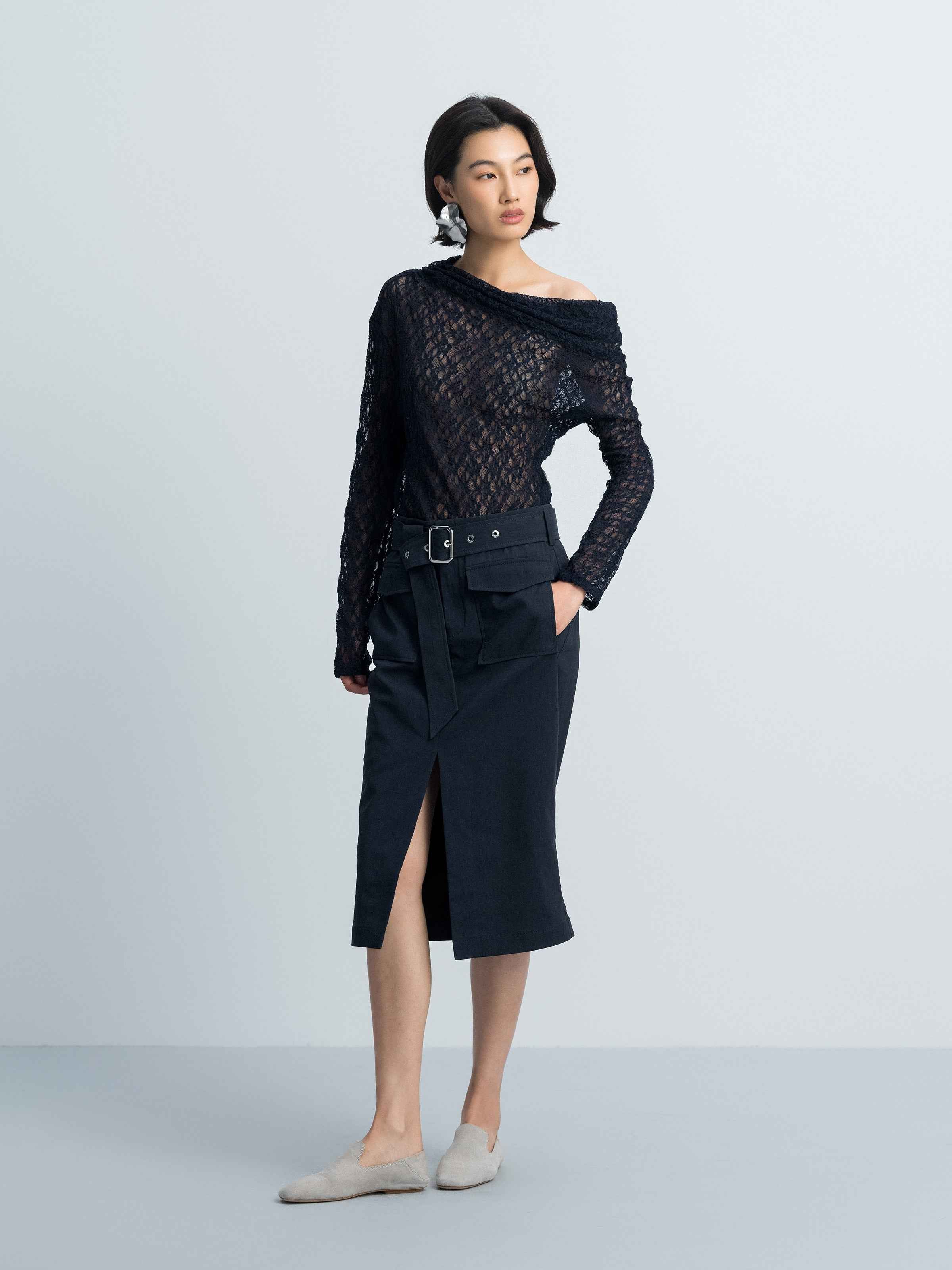 Navy Blue Linen Blend D-Ring Utility Pocket Midi Skirt