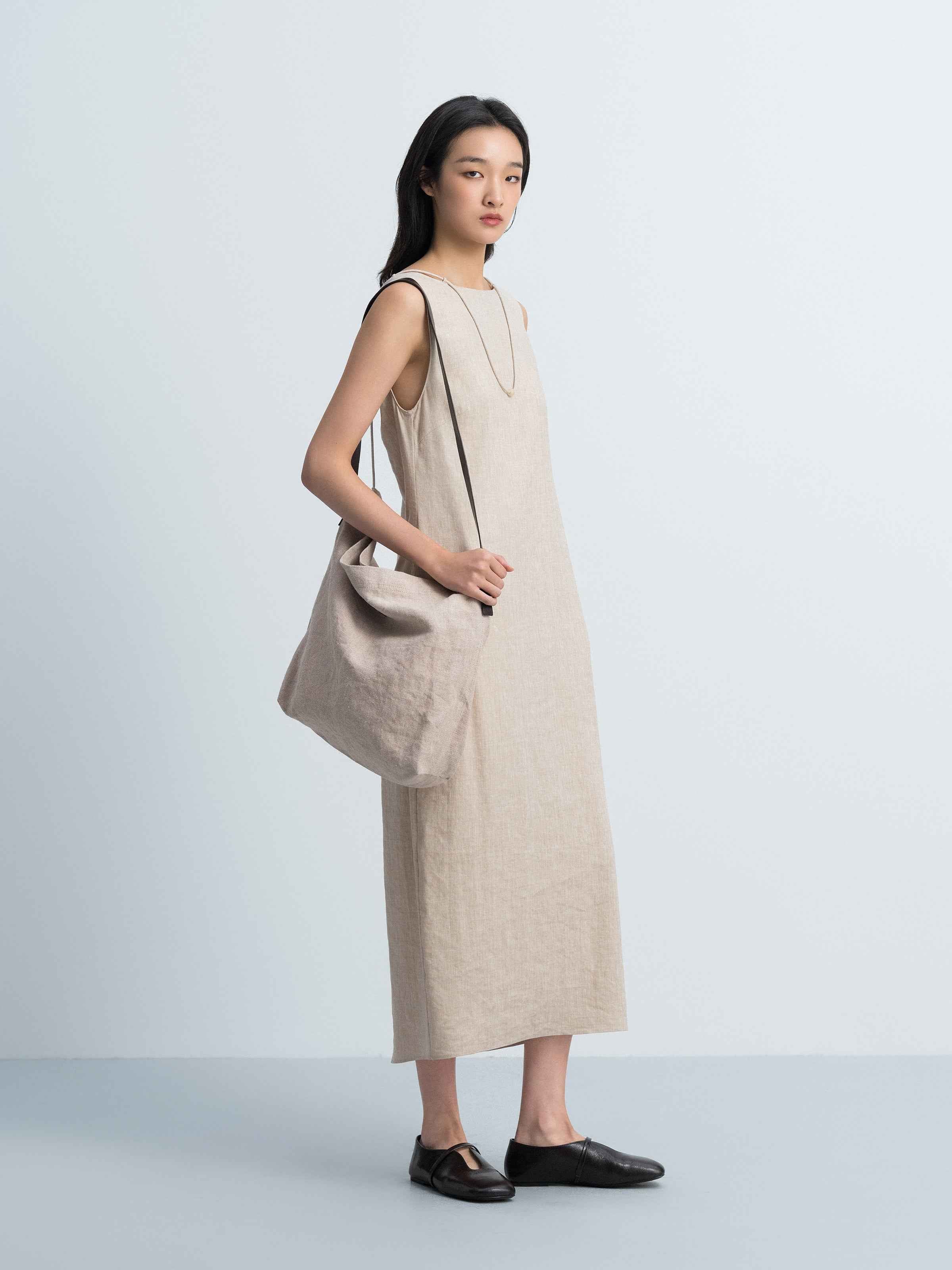 Oatmeal Linen Blend V Knot Back Cocoon Sleeveless Dress