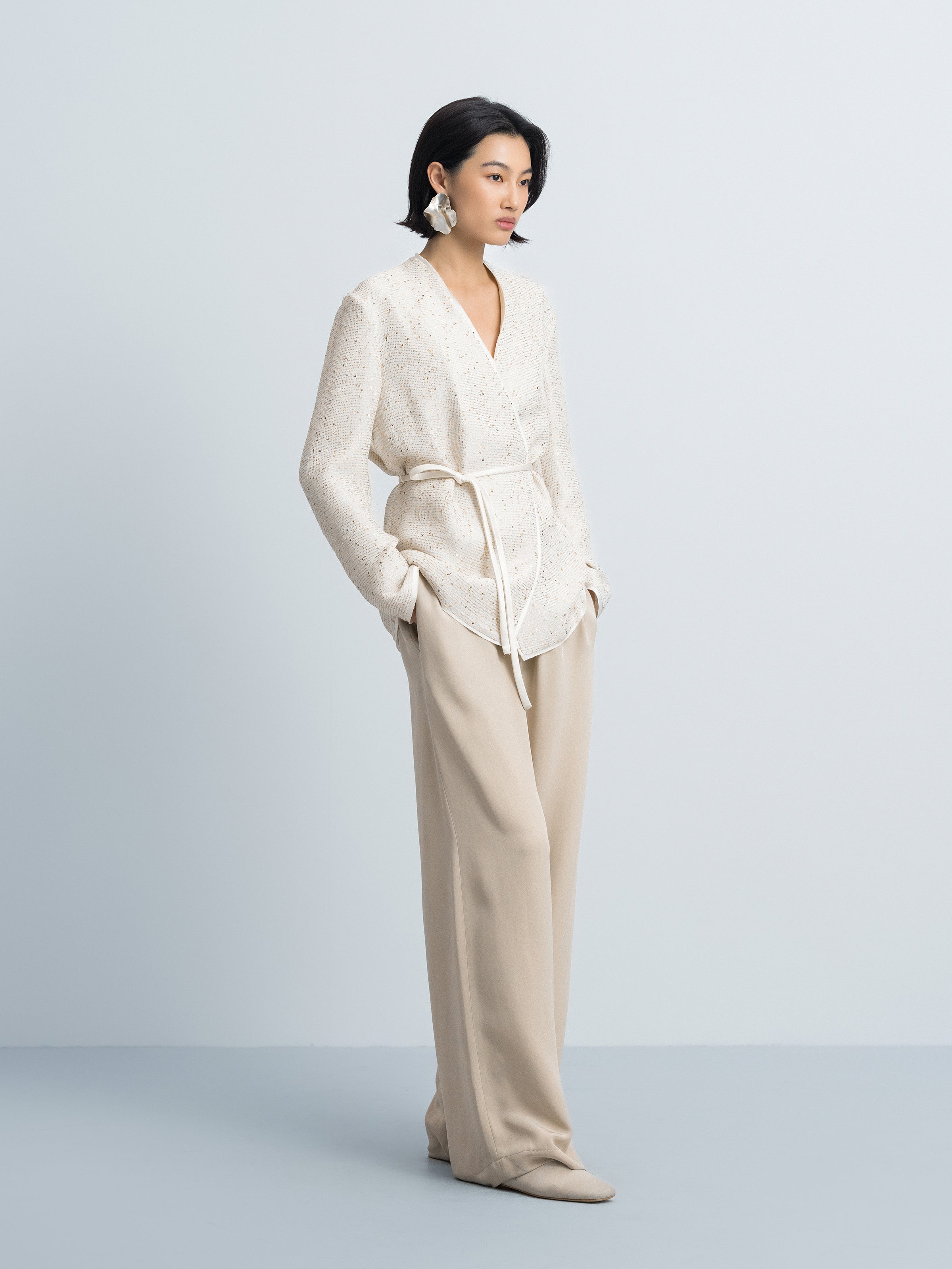Beige Sequin Stripe V-Neck Satin Belt Blazer