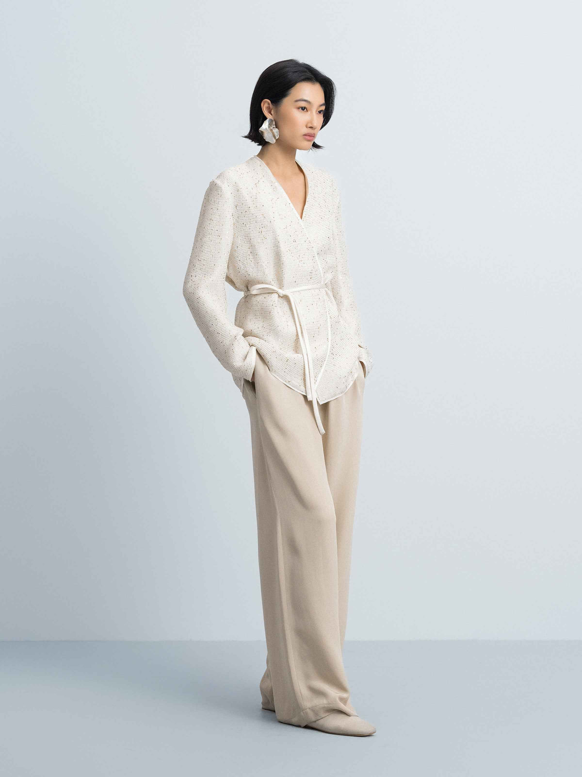 Beige Sequin Stripe V-Neck Satin Belt Blazer