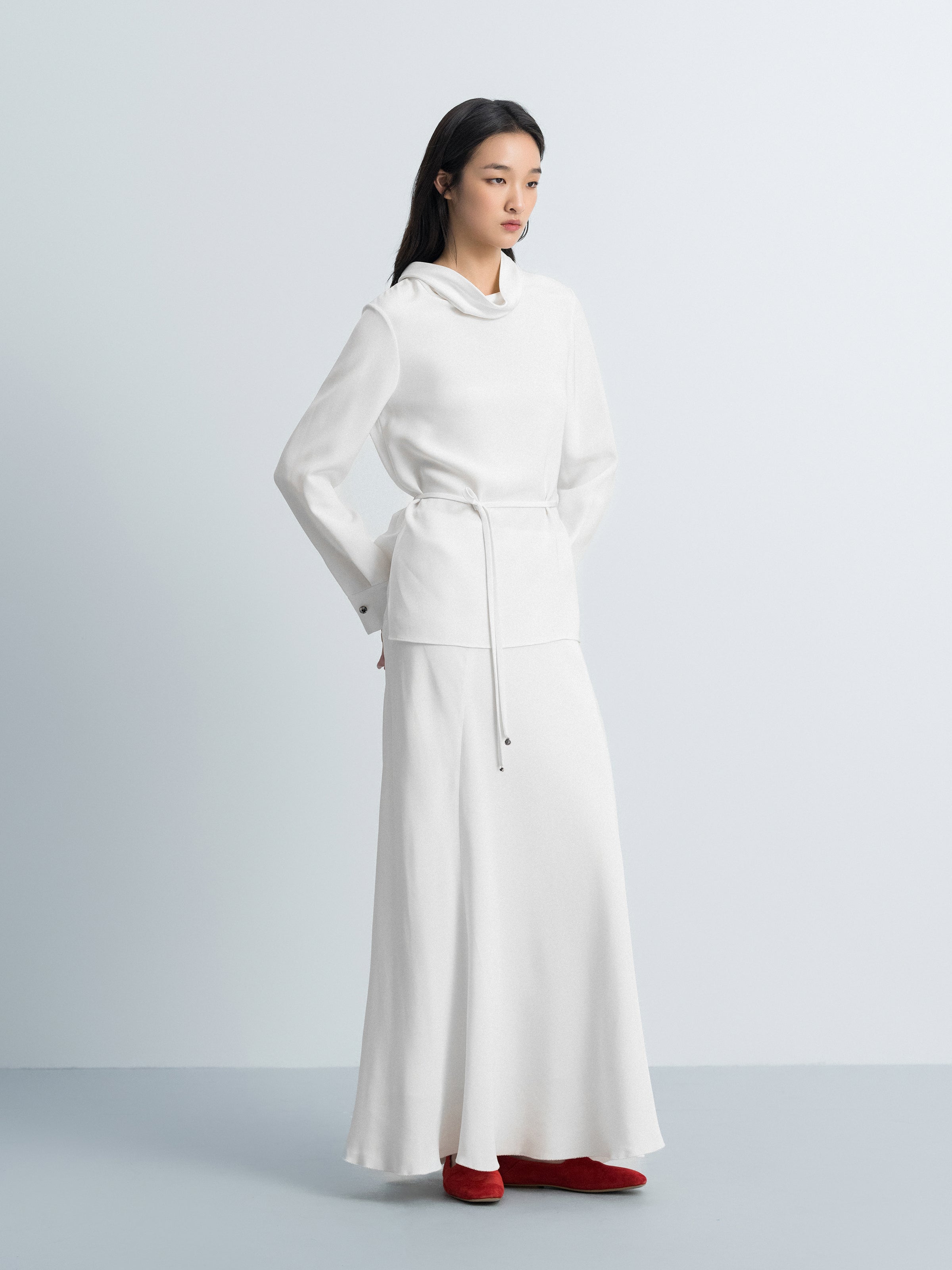 Cream White Mulberry Silk A-Line Fishtail Long Skirt
