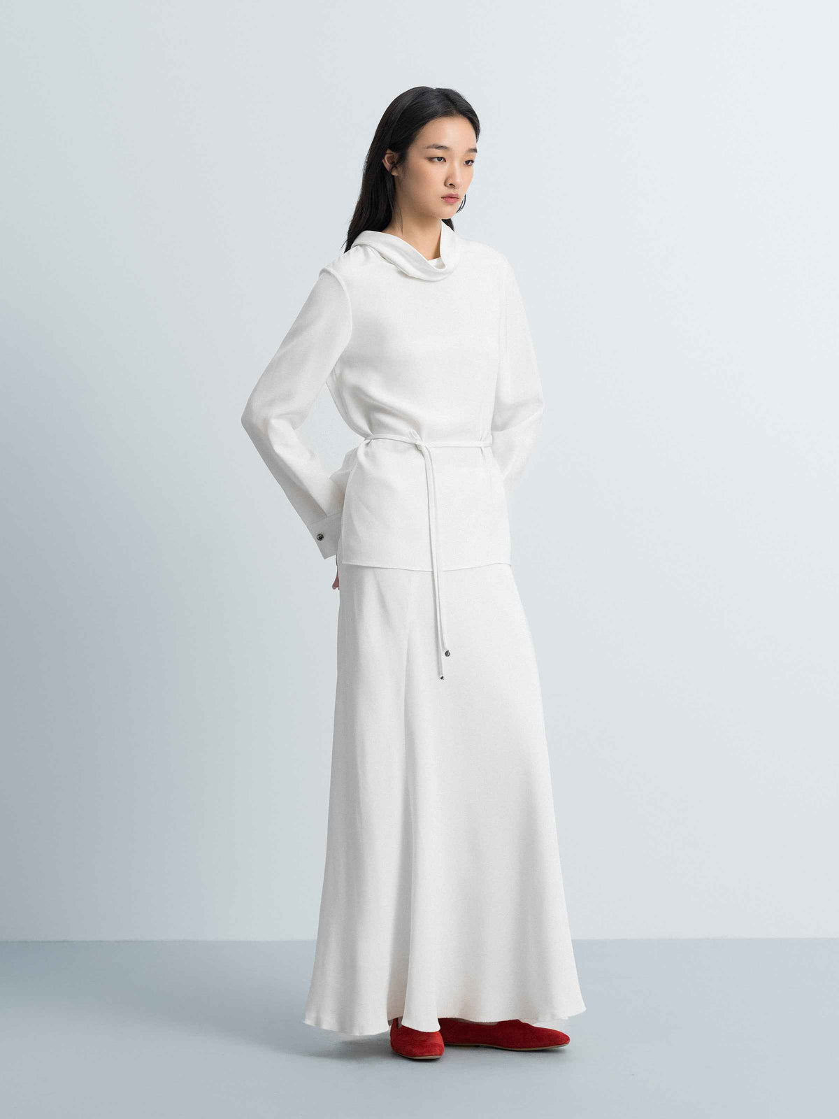 Cream White Mulberry Silk A-Line Fishtail Long Skirt