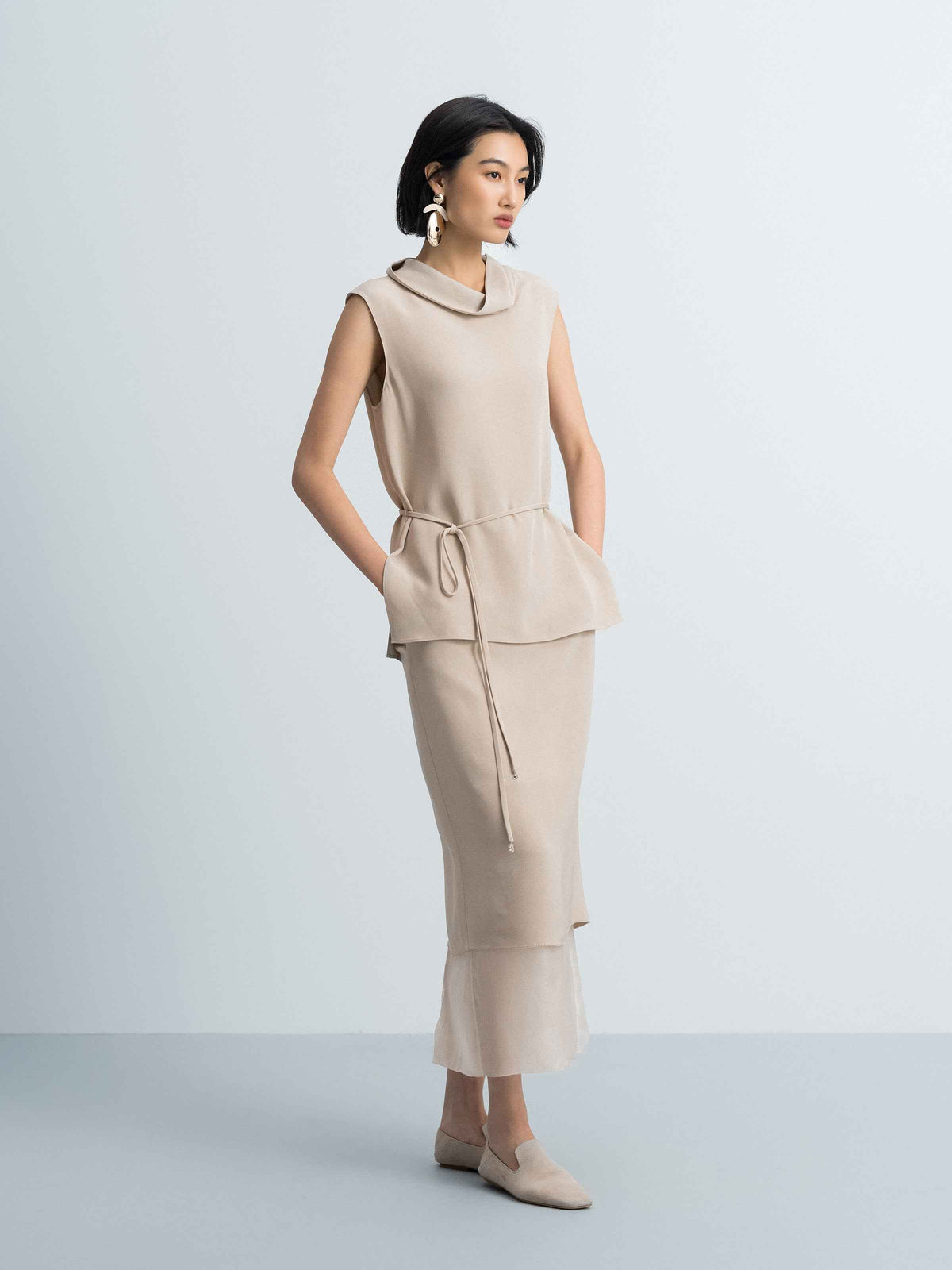 Light Khaki Mulberry Silk Gauze Splice Straight Midi Skirt