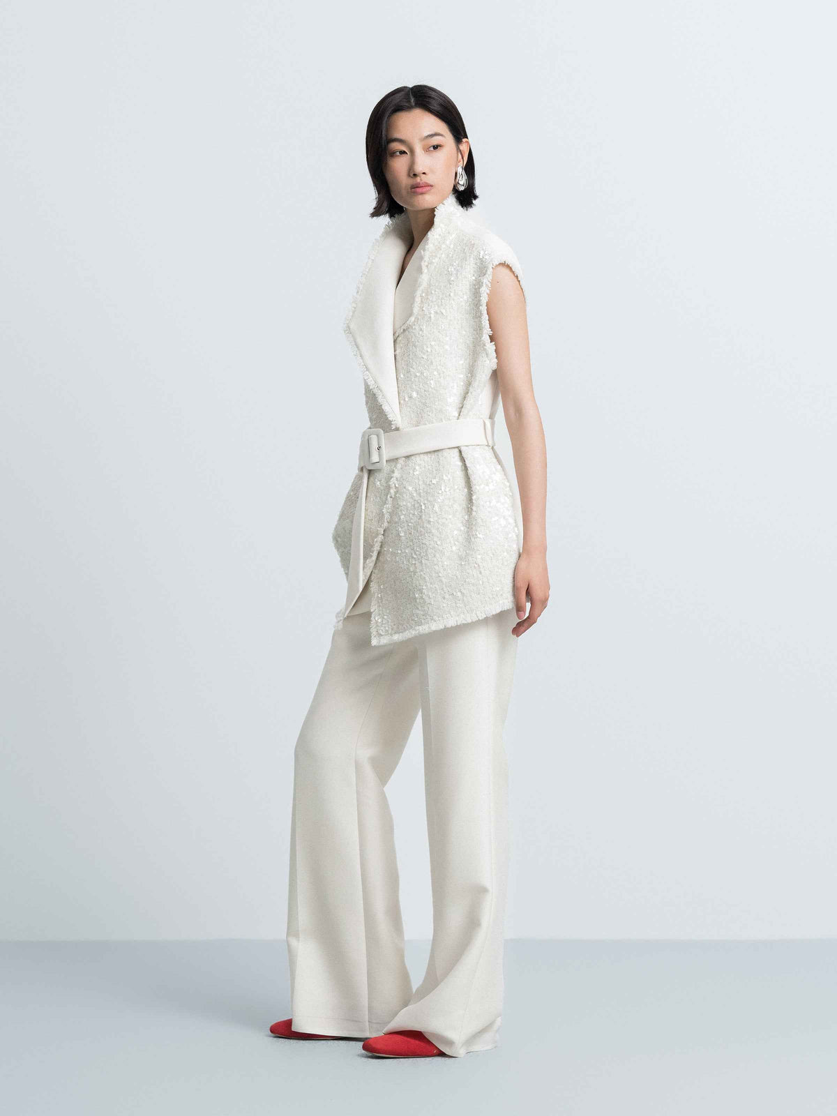 Sequin Tie‑Detail Stand‑Collar Waistcoat