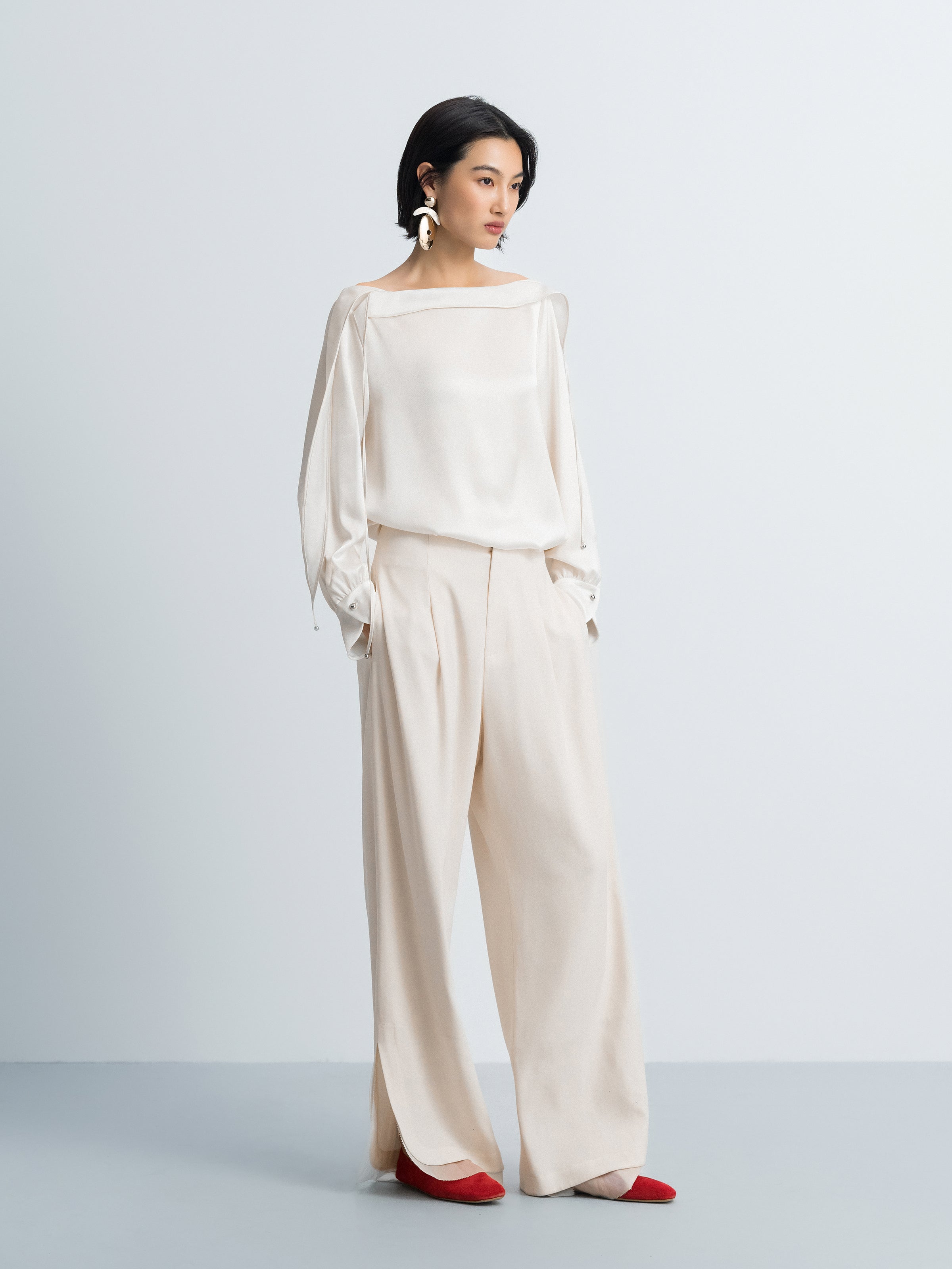 Cream White Acetate Satin Boat Neck Crossover Top