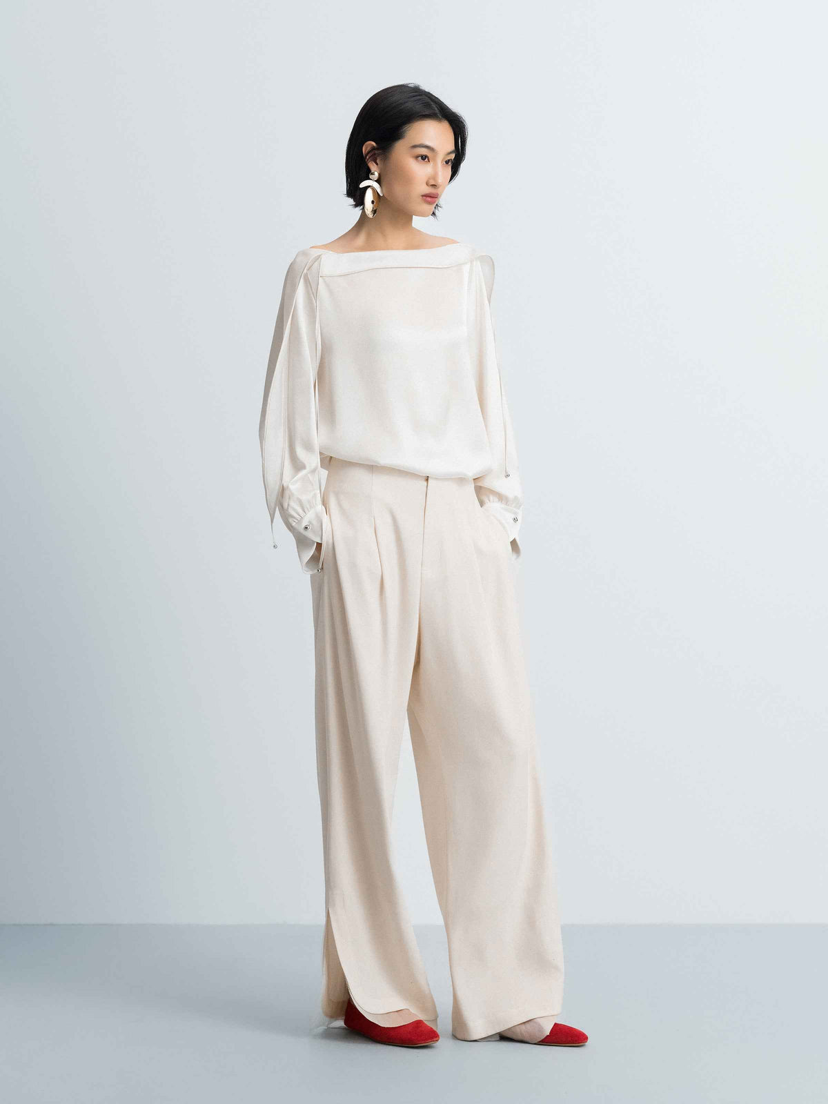 Cream White Acetate Satin Boat Neck Crossover Top