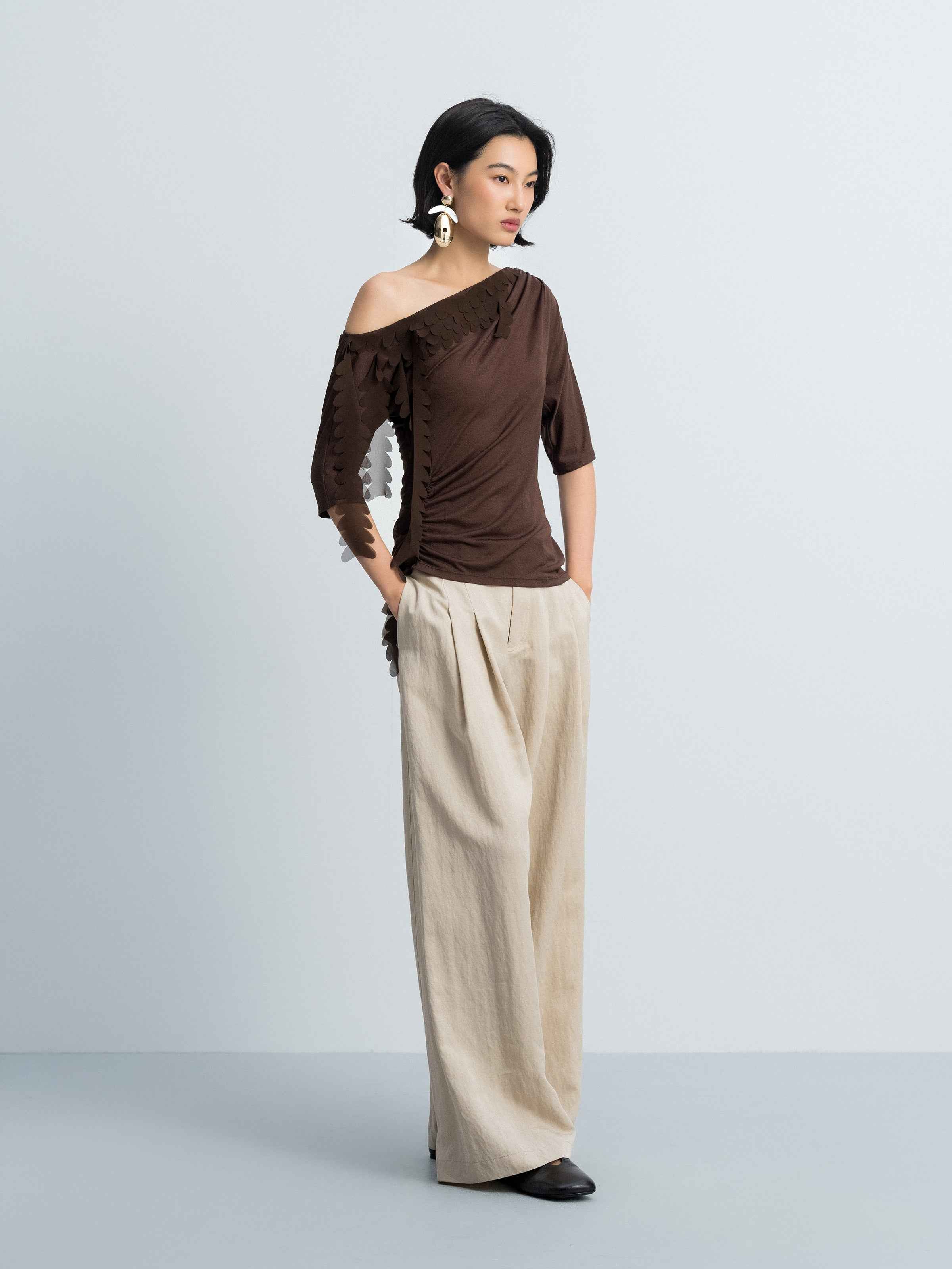 Brown Acetate Poly Knit One-Shoulder Ruching Elbow-Sleeve Top