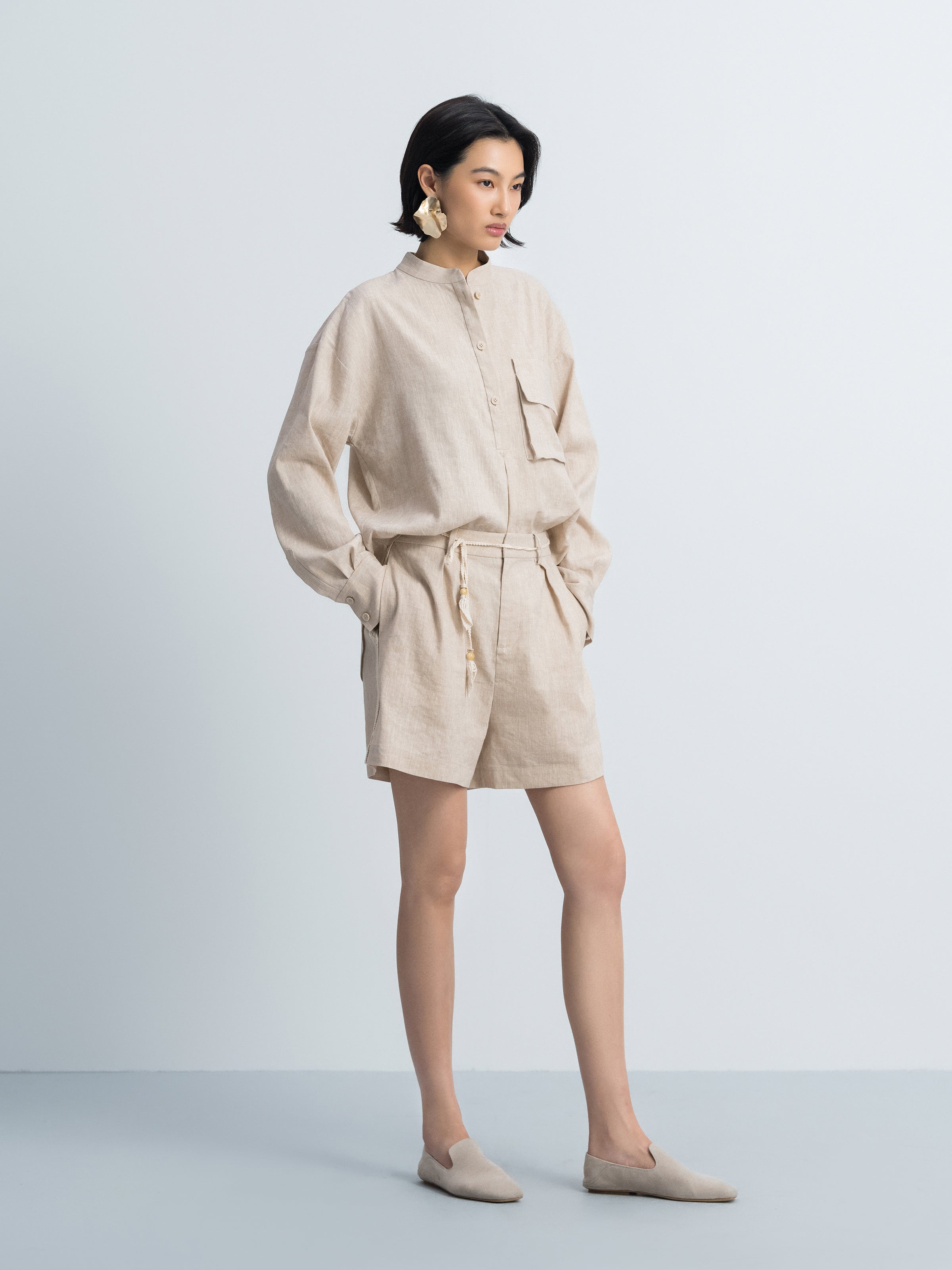 Oatmeal Linen Blend Integrated Waist Wide-Leg Shorts