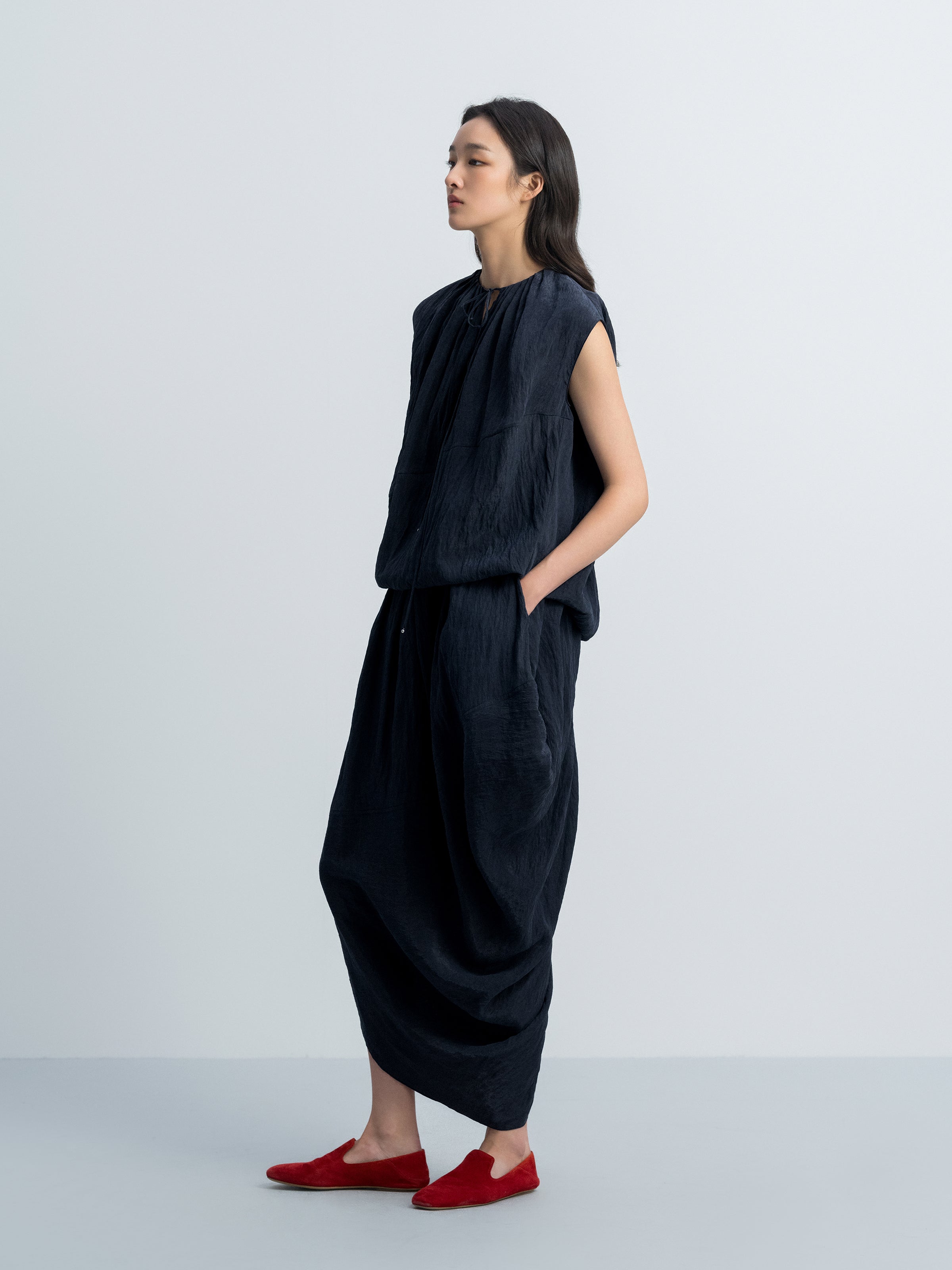 Navy Blue Tencel Snow-Washed Irregular Drape Long Skirt