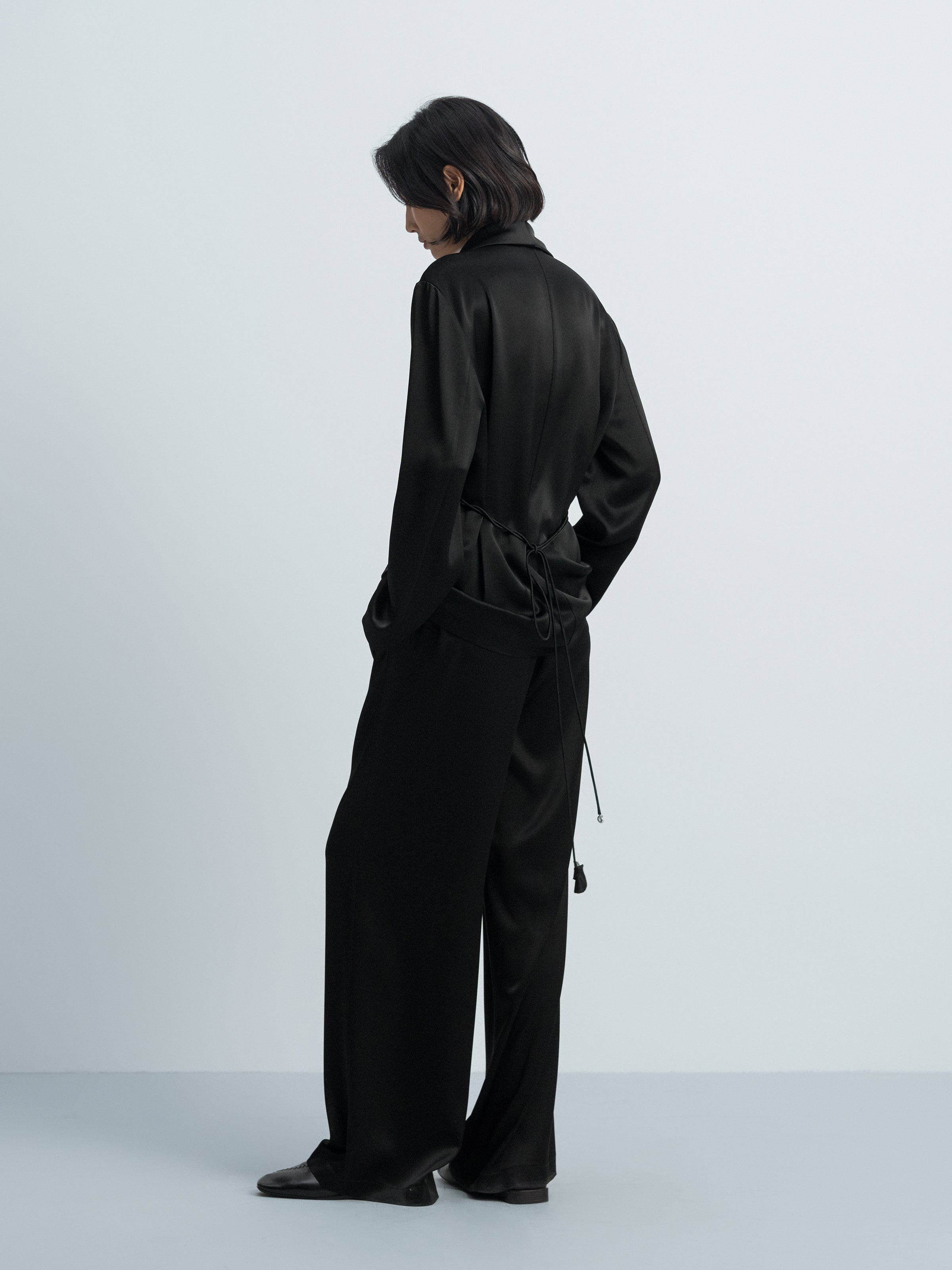 Black Water Wave Satin Shawl Collar Drawstring Blazer