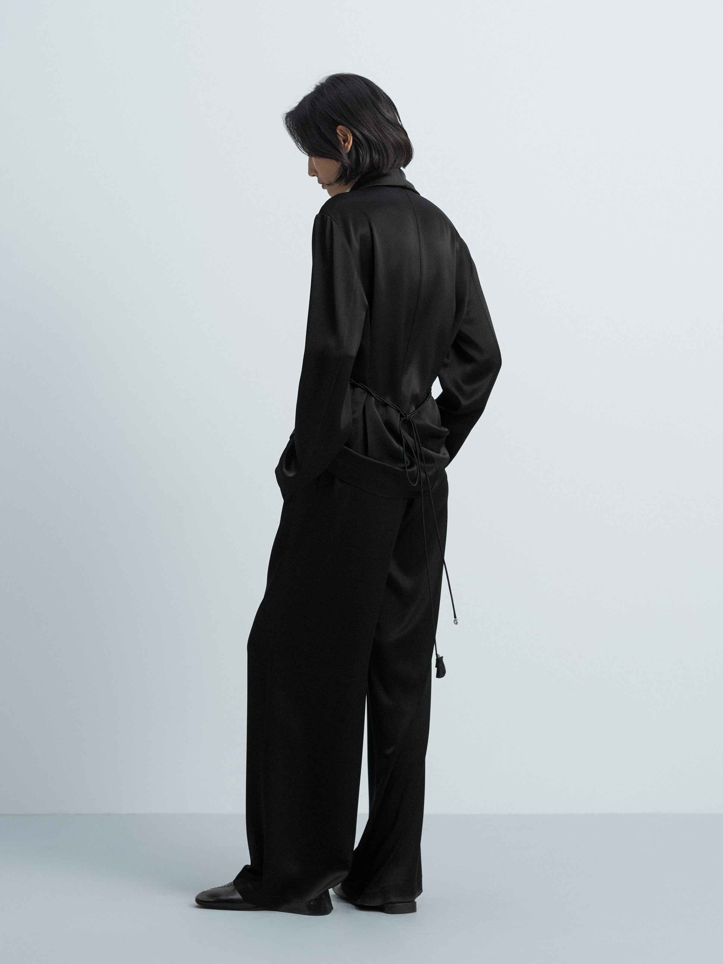 Black Water Wave Satin Shawl Collar Drawstring Blazer