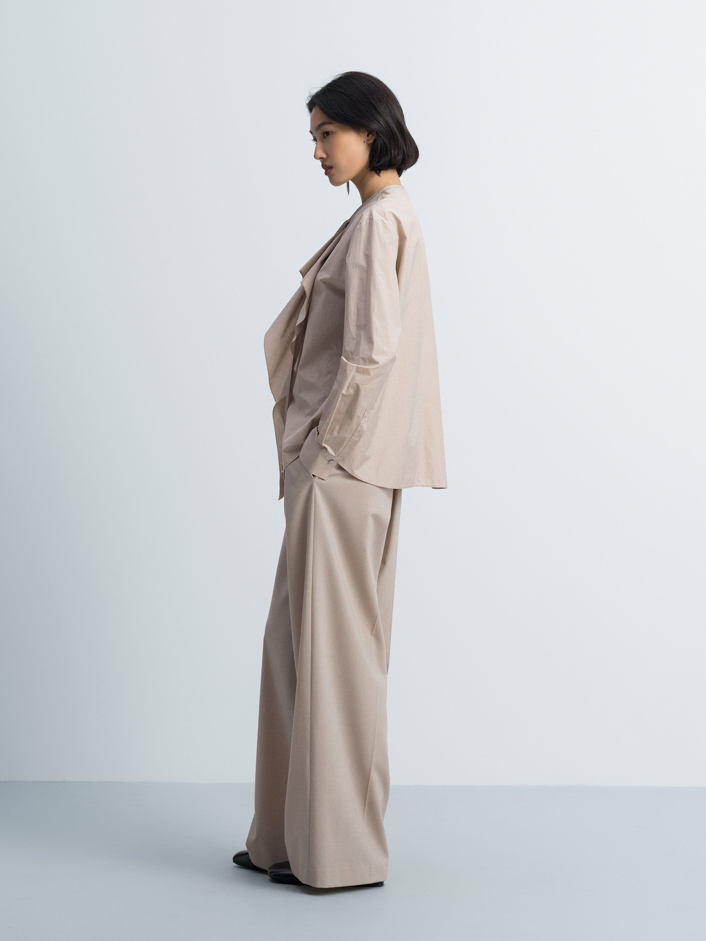 Light Khaki Worsted Wool Double Pleat Wide-Leg Trousers