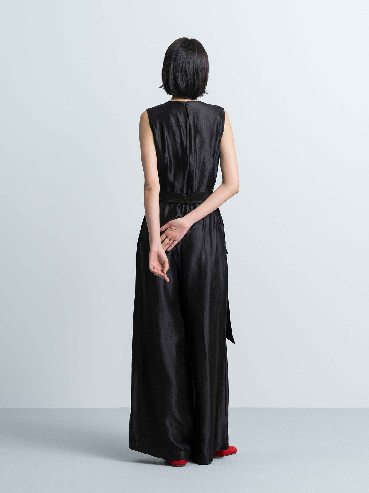 Black Shiny Silk Fitted Waist Wide Streamer Jumpsuit