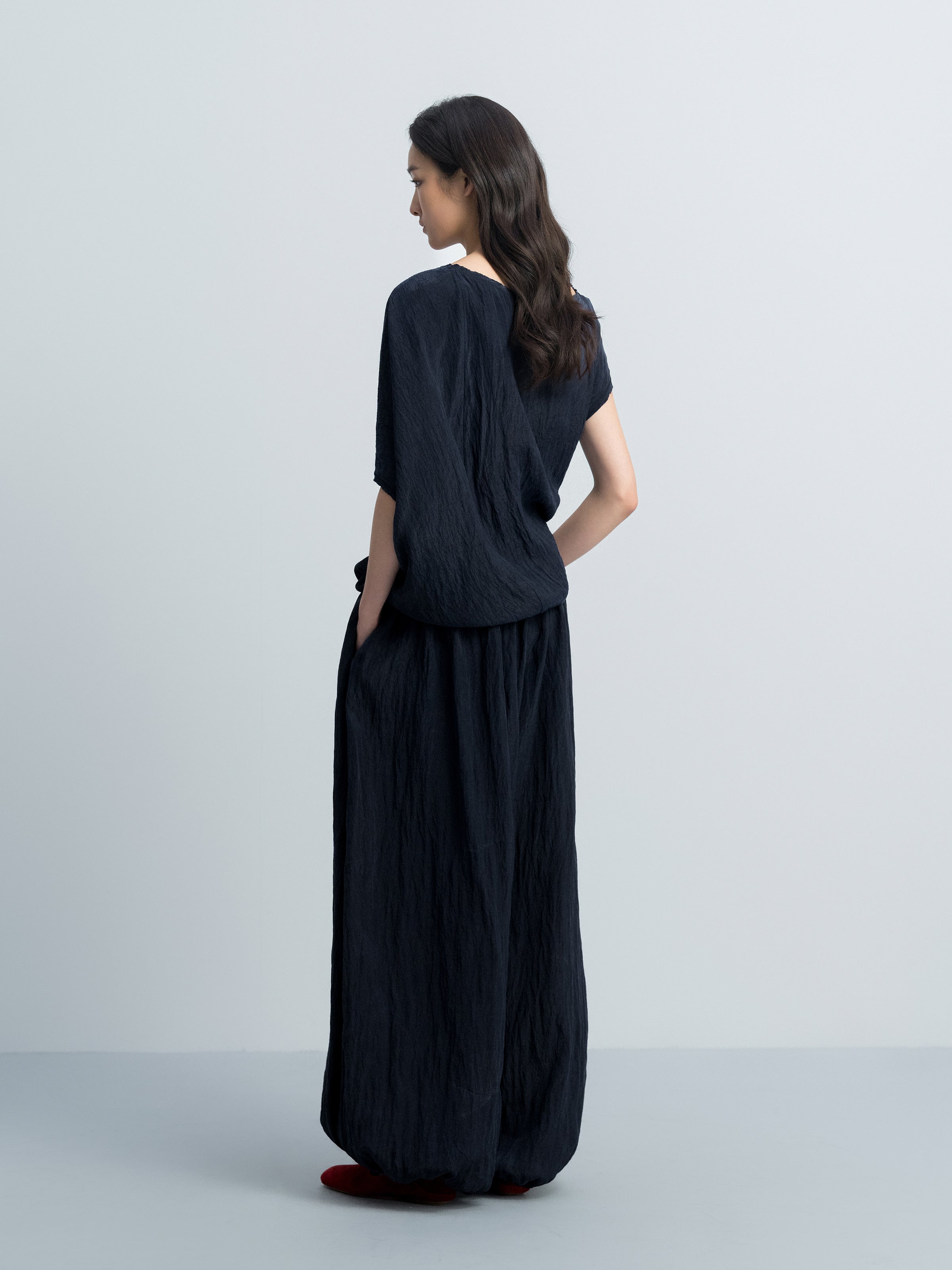 Navy Blue Tencel Snow-Washed Asymmetric Sleeve Cocoon Top