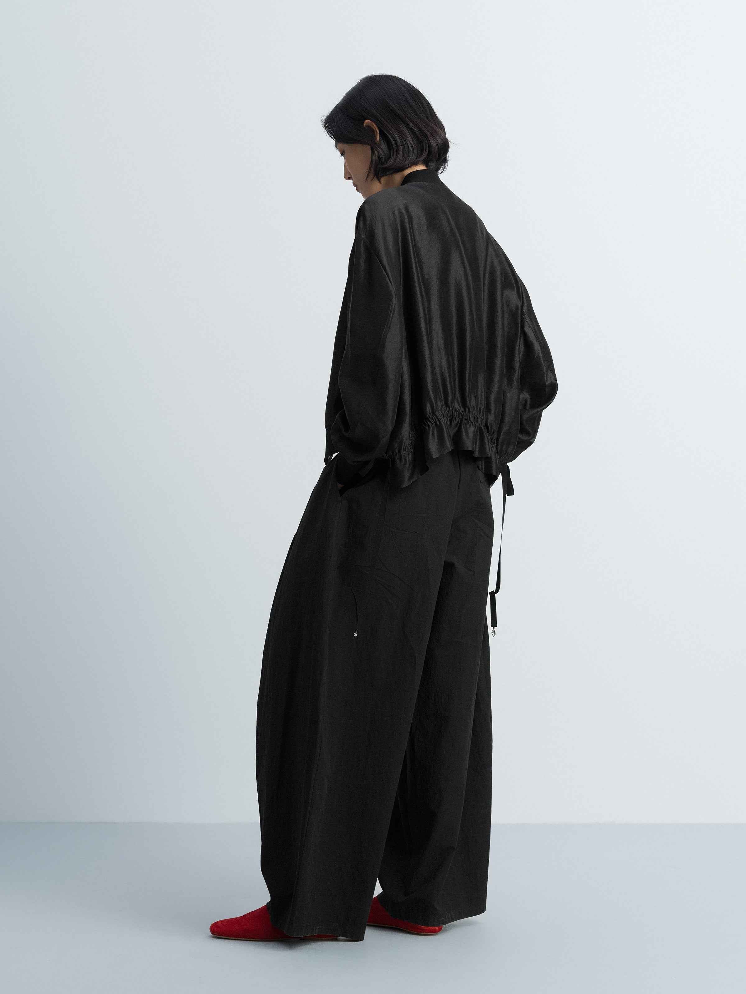 Black Shiny Silk Cropped Drop-Shoulder Drawstring Jacket