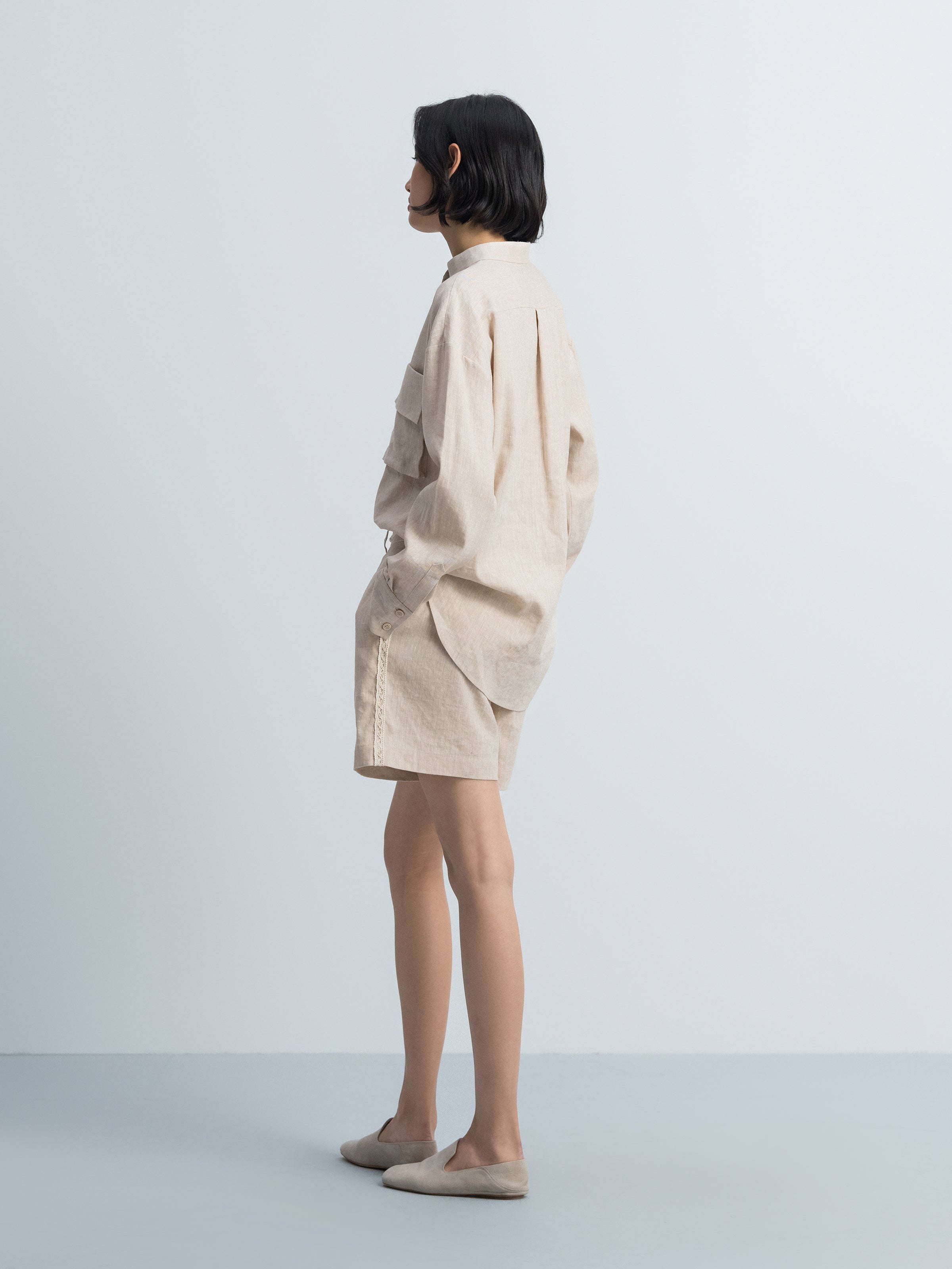 Light Khaki Linen Stand Collar 3D Pocket Long-Sleeve Shirt