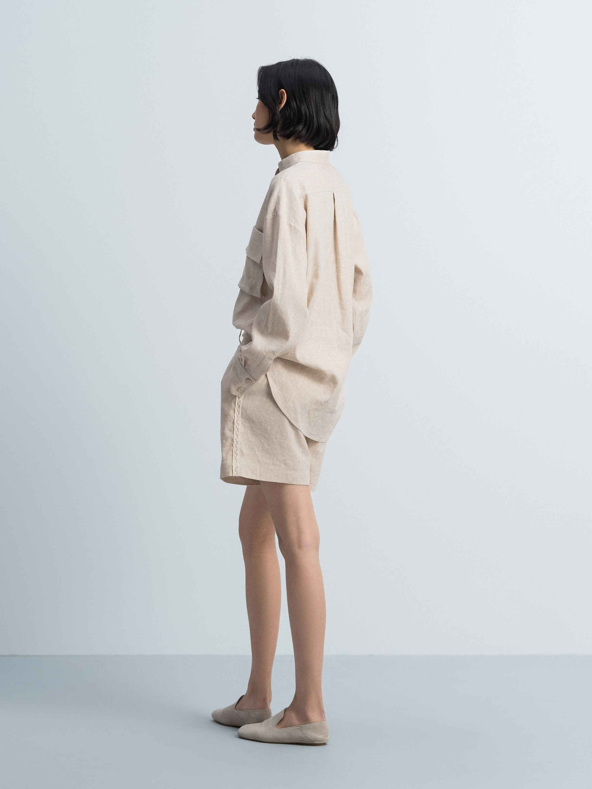 Light Khaki Linen Stand Collar 3D Pocket Long-Sleeve Shirt