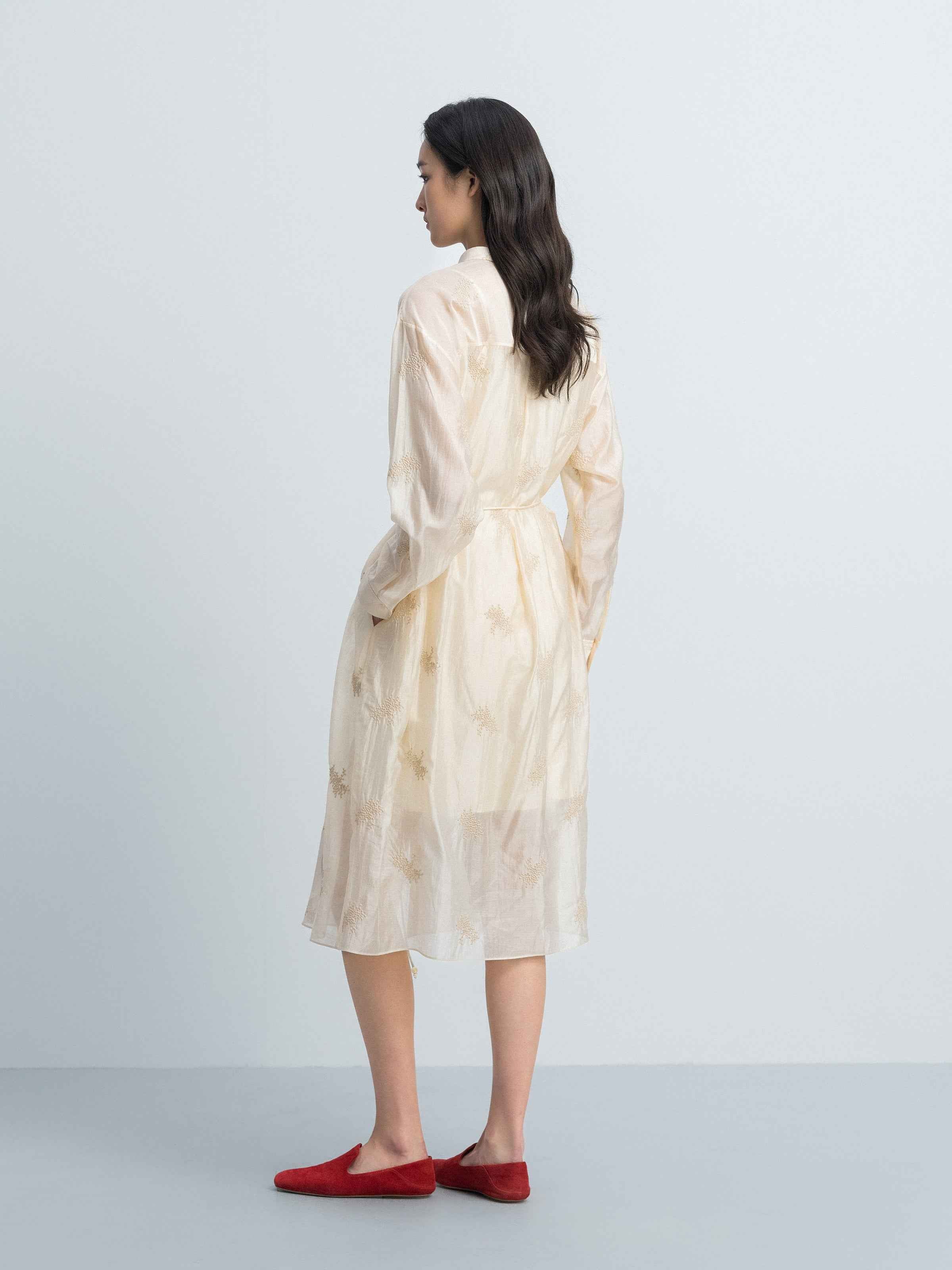 Beige Yellow Lyocell Blend Stand Collar Belt Waist Dress
