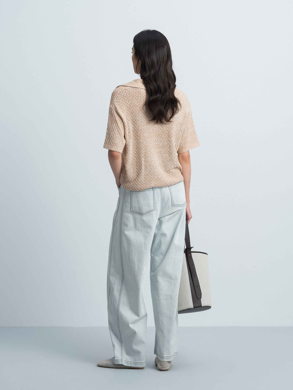Light Blue Washed Denim Curved Relaxed Tapered Trousers