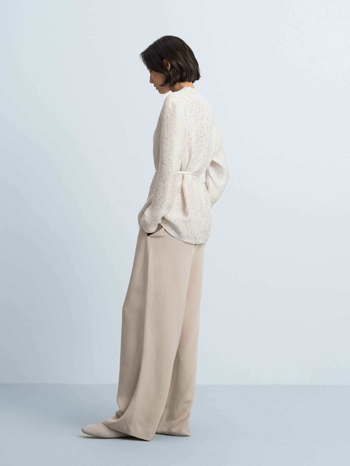 Beige Sequin Stripe V-Neck Satin Belt Blazer