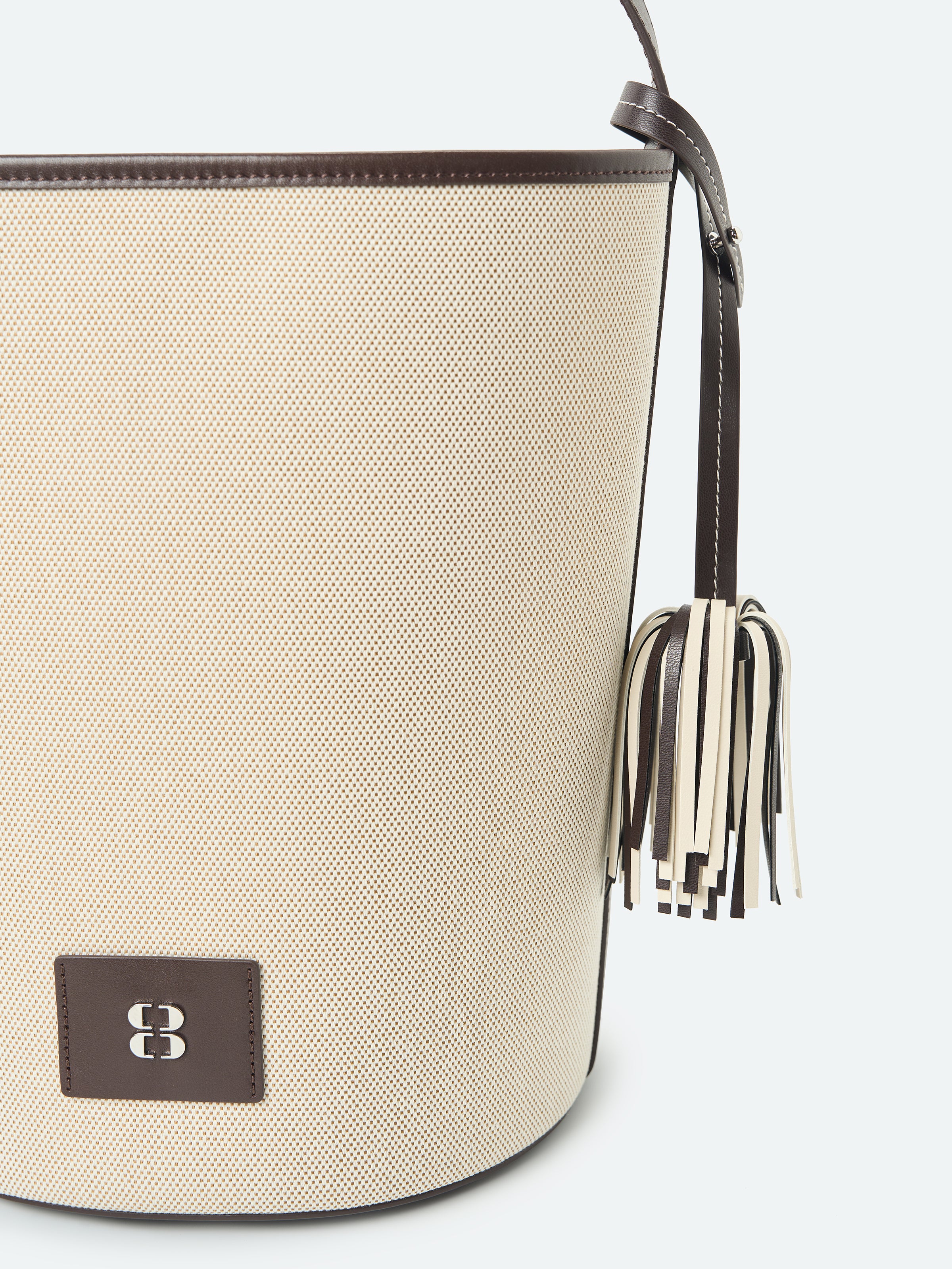 Beige Woven Canvas Leather Splice Cylindrical Bucket Bag