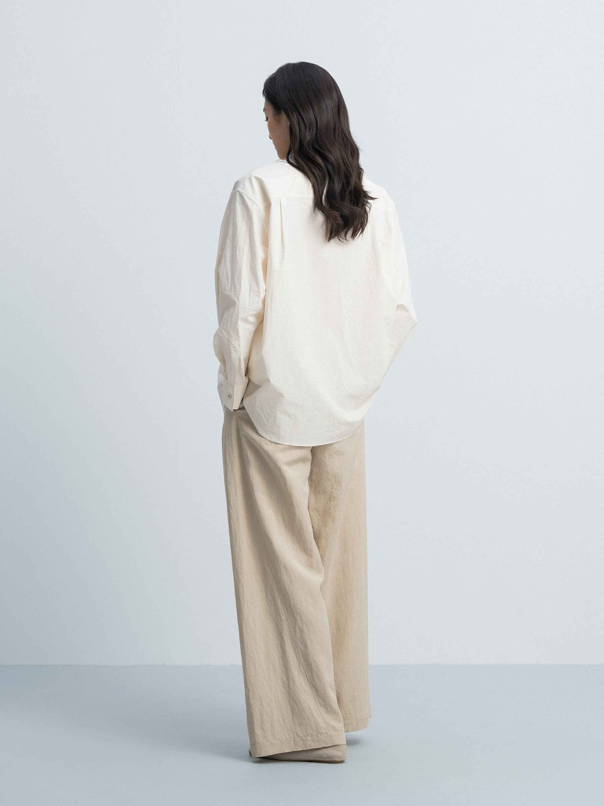 Cream White Washed Pima Cotton Stand Collar Detachable Shirt