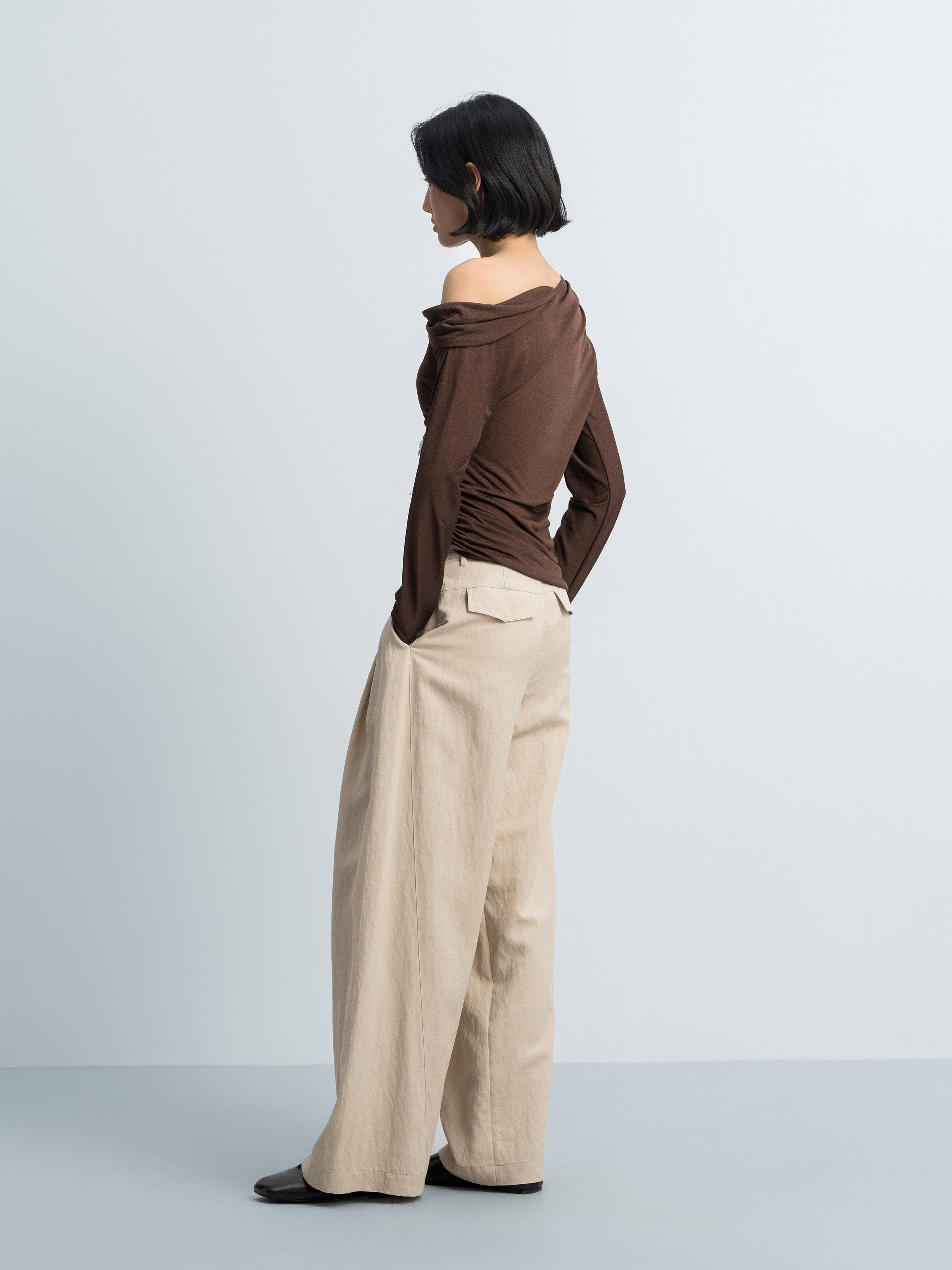 Brown Acetate Poly Knit Shoulder Ruching Diagonal Hem Top