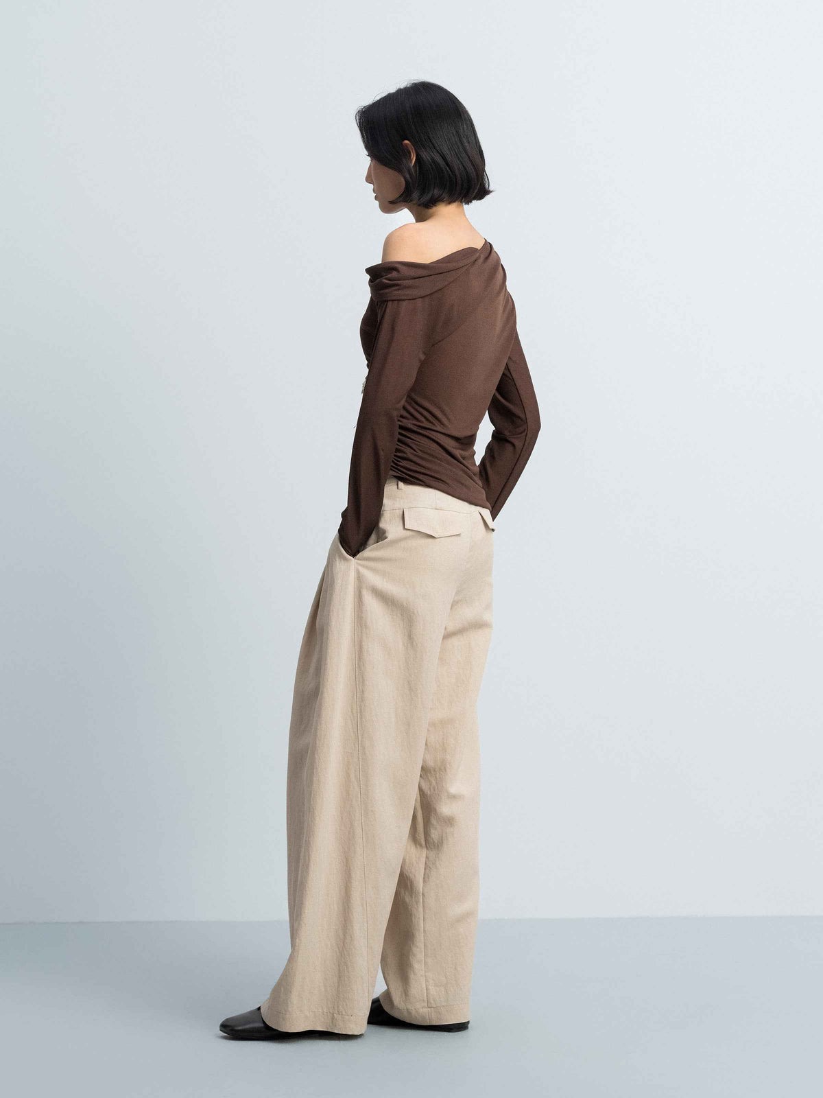 Brown Acetate Poly Knit Shoulder Ruching Diagonal Hem Top