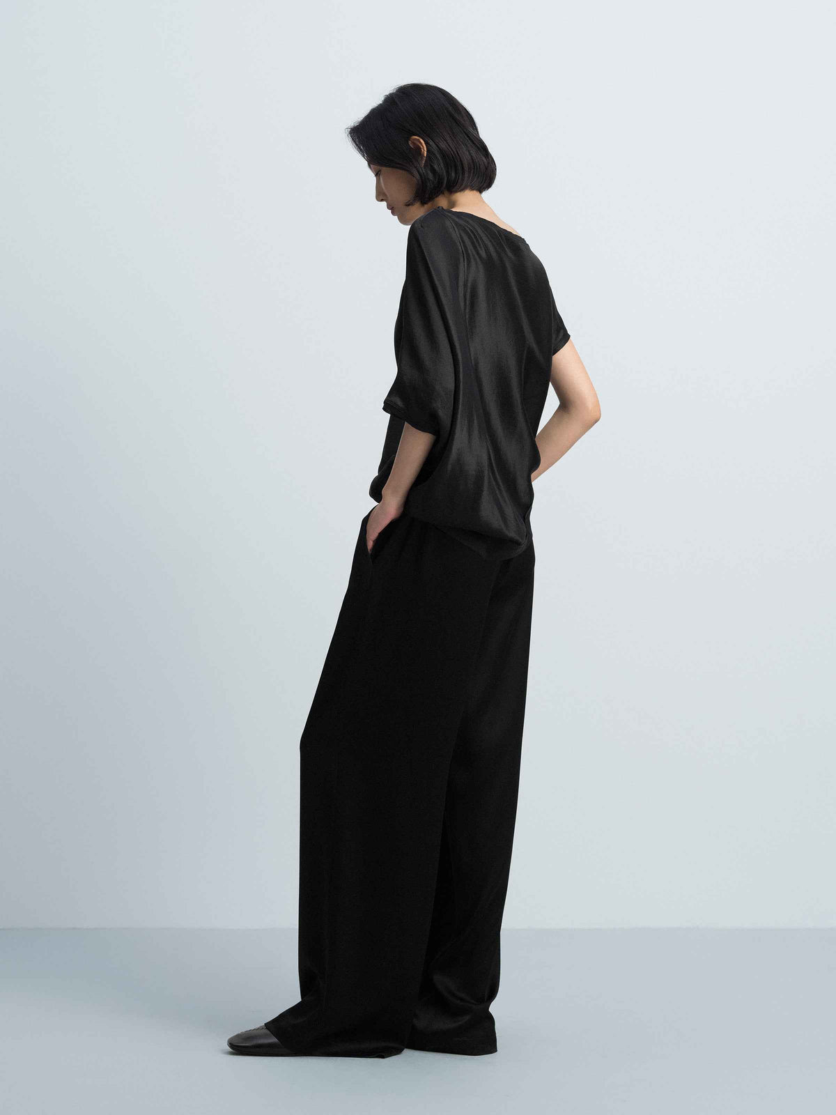 Black Water Wave Satin High-Waist Wide-Leg Trousers