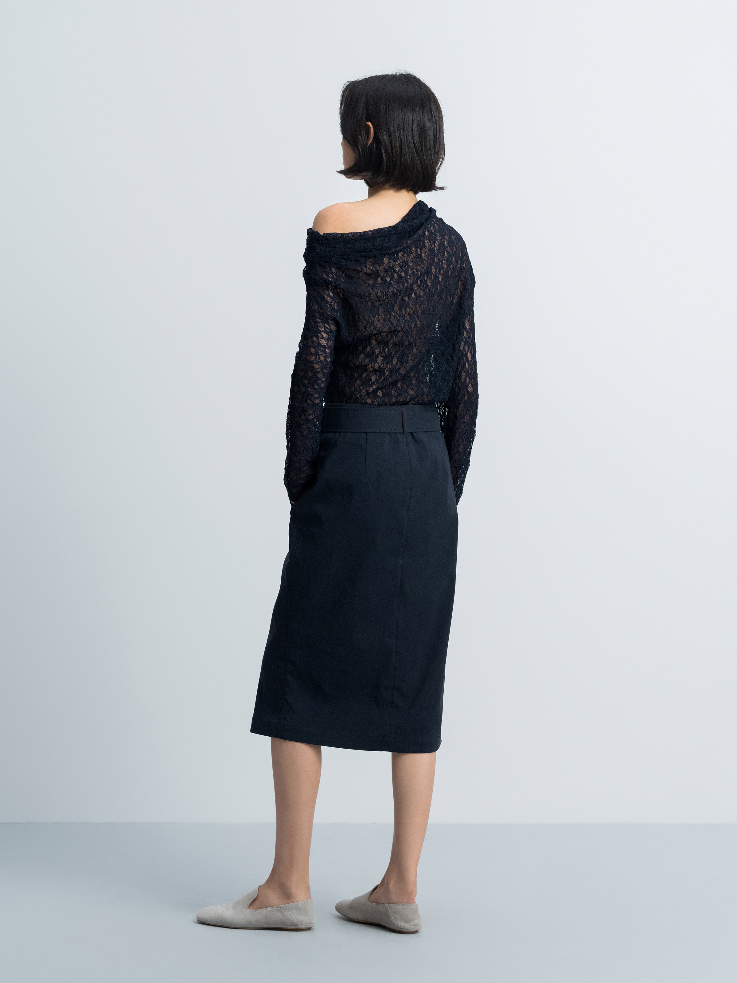Navy Blue Stretch Lace One-Shoulder Fitted Long-Sleeve Top