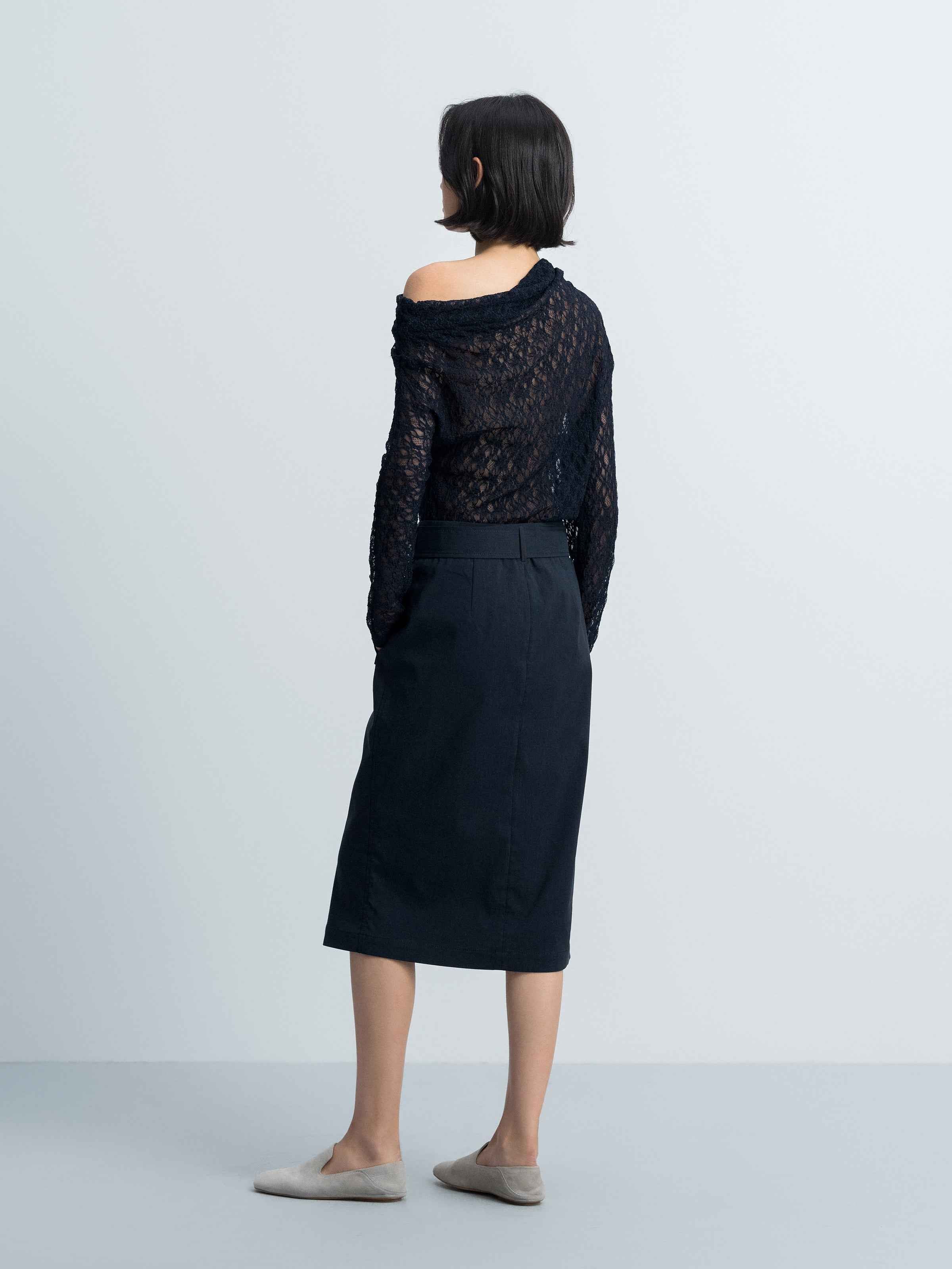 Navy Blue Stretch Lace One-Shoulder Fitted Long-Sleeve Top