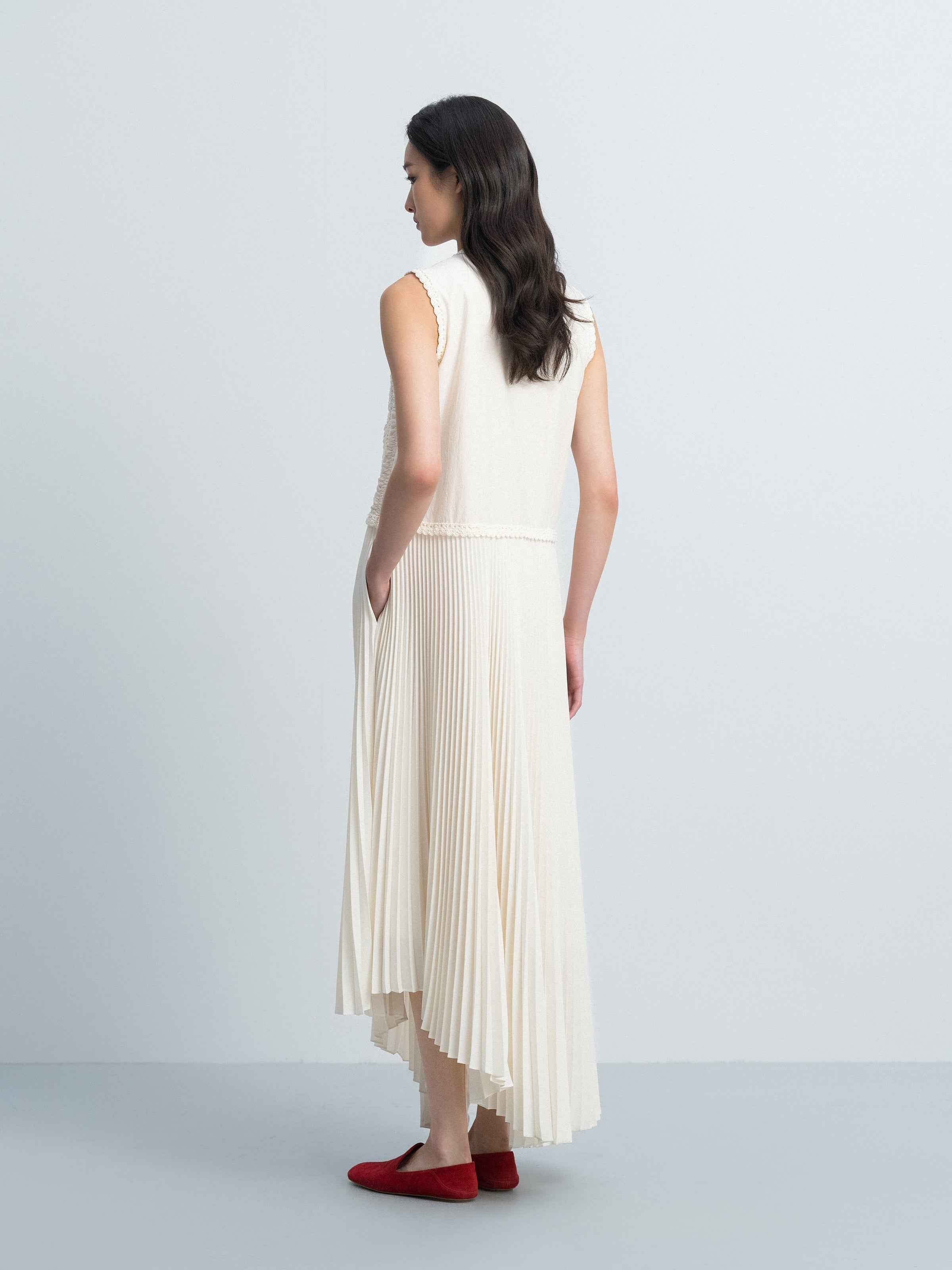Cream White Pima Cotton Crocheted Flower Splice Sleeveless Dress