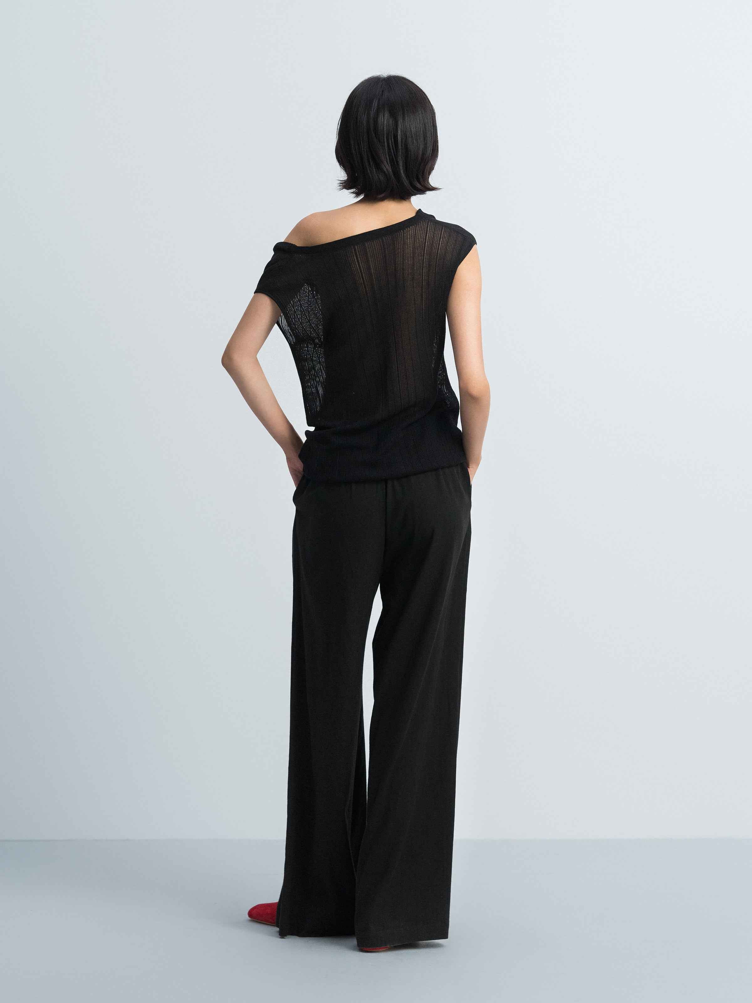 Black Triacetate Tencel One-Shoulder Jacquard Knit Sweater
