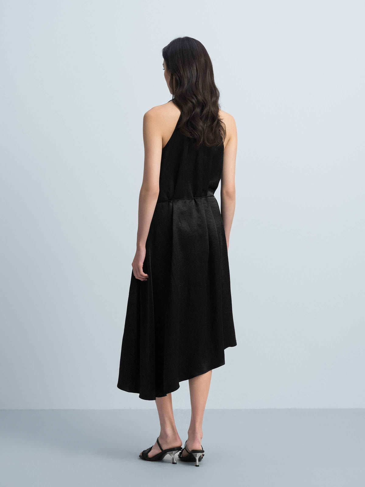 Black Acetate Satin Halter V-Neck Belt Waist Sleeveless Dress