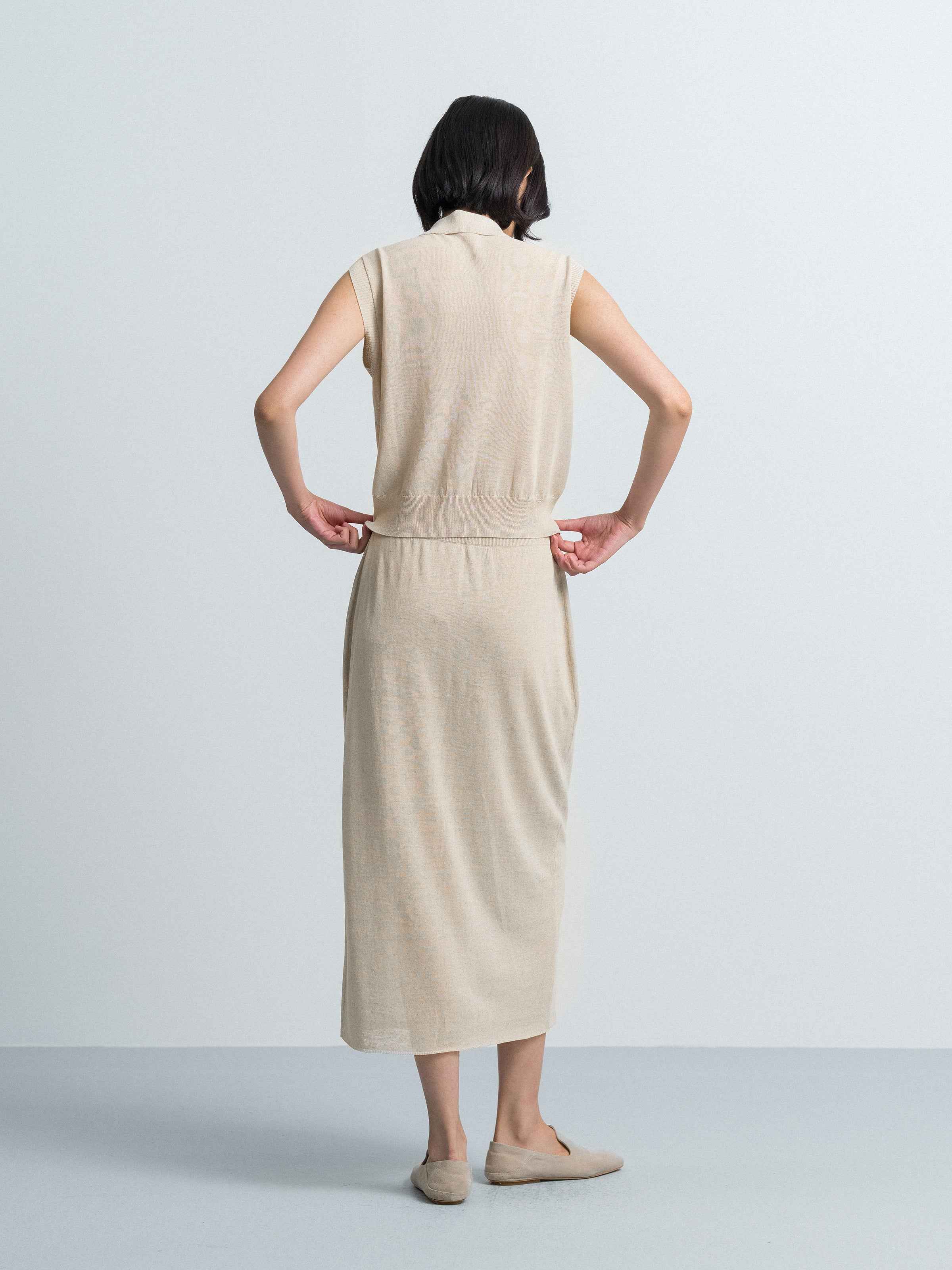 Beige Cotton Linen Knit Straight Patch Pocket Midi Skirt