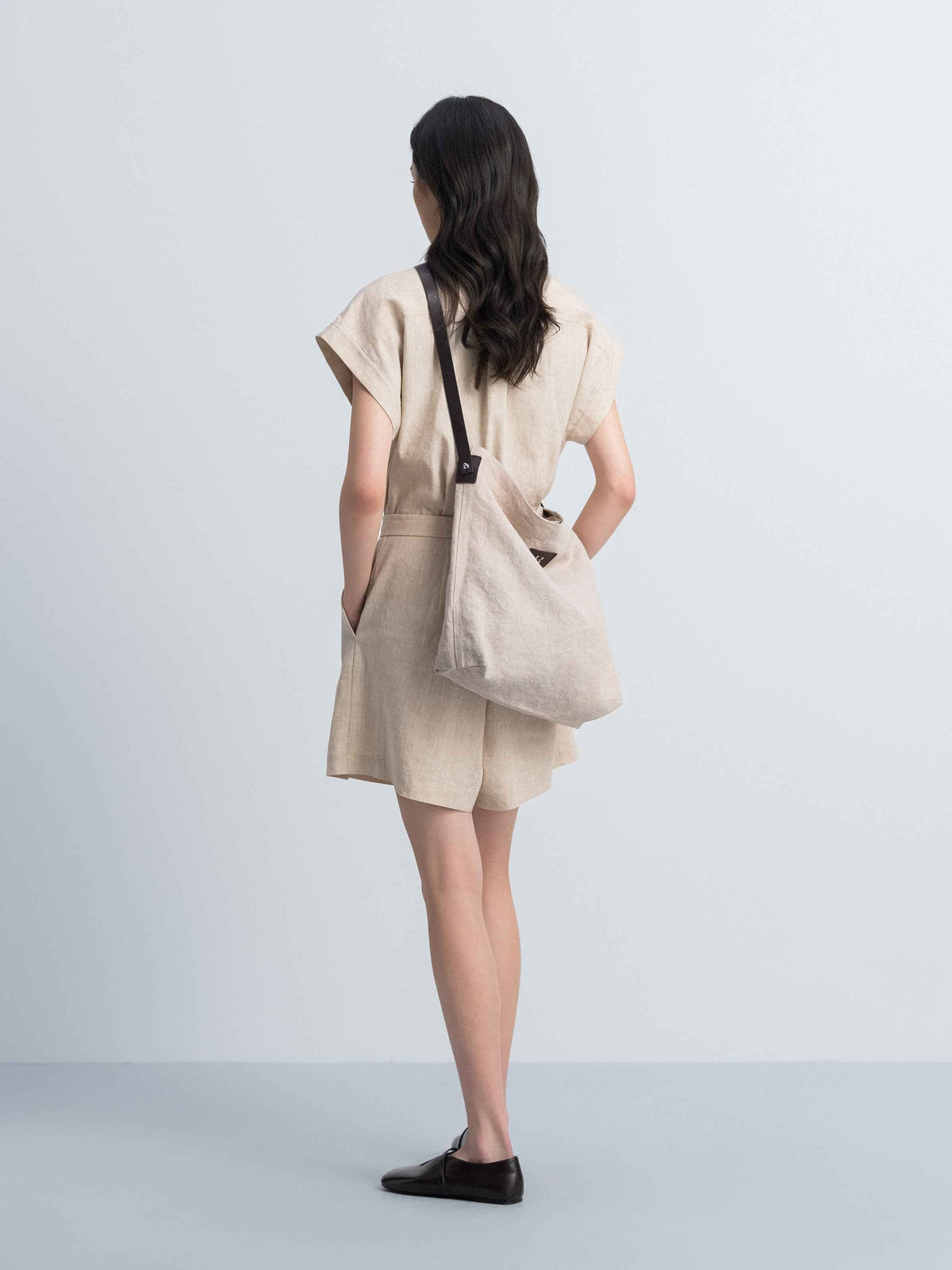 Oatmeal Linen Blend Drop-Shoulder D-Ring Belt Romper