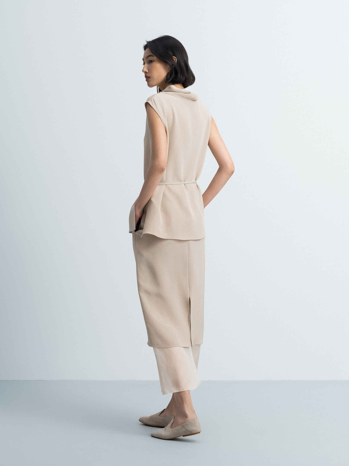 Light Khaki Mulberry Silk Cowl Neck Drawstring Sleeveless Top