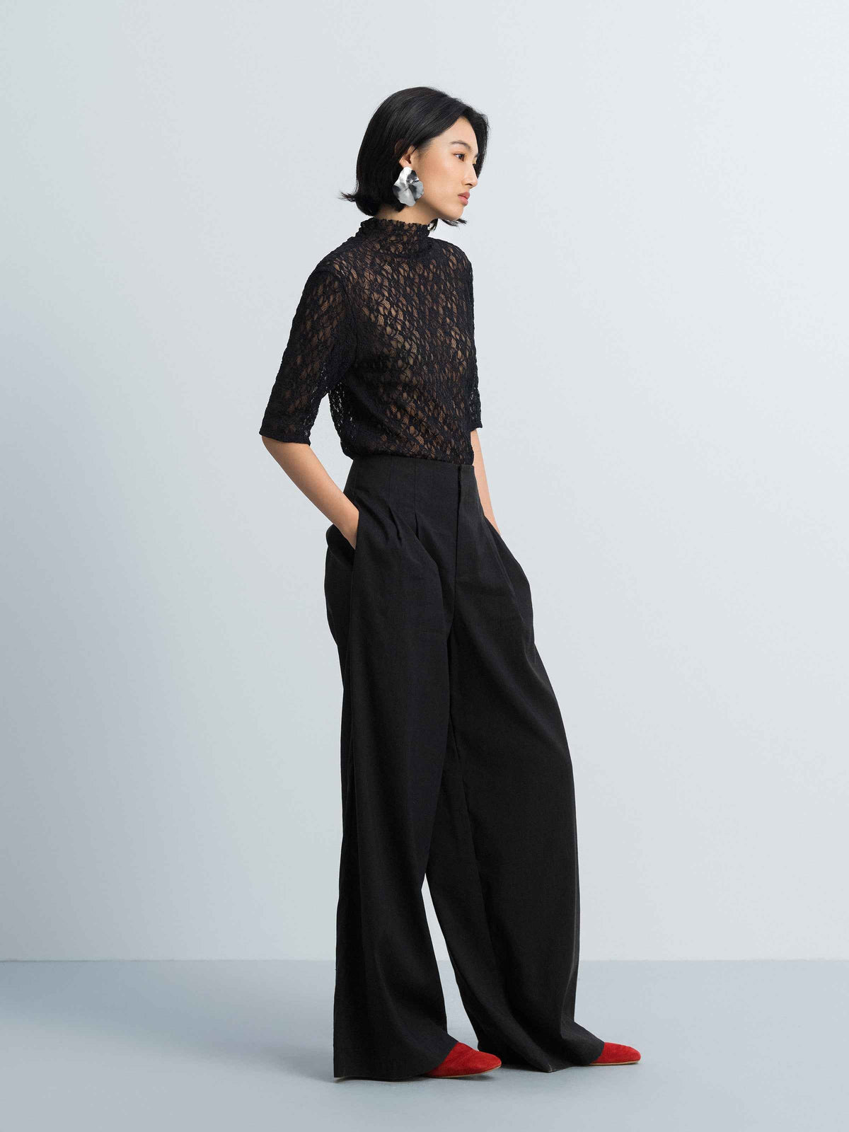 Navy Blue Stretch Lace Semi-High Neck Elbow-Sleeve Top
