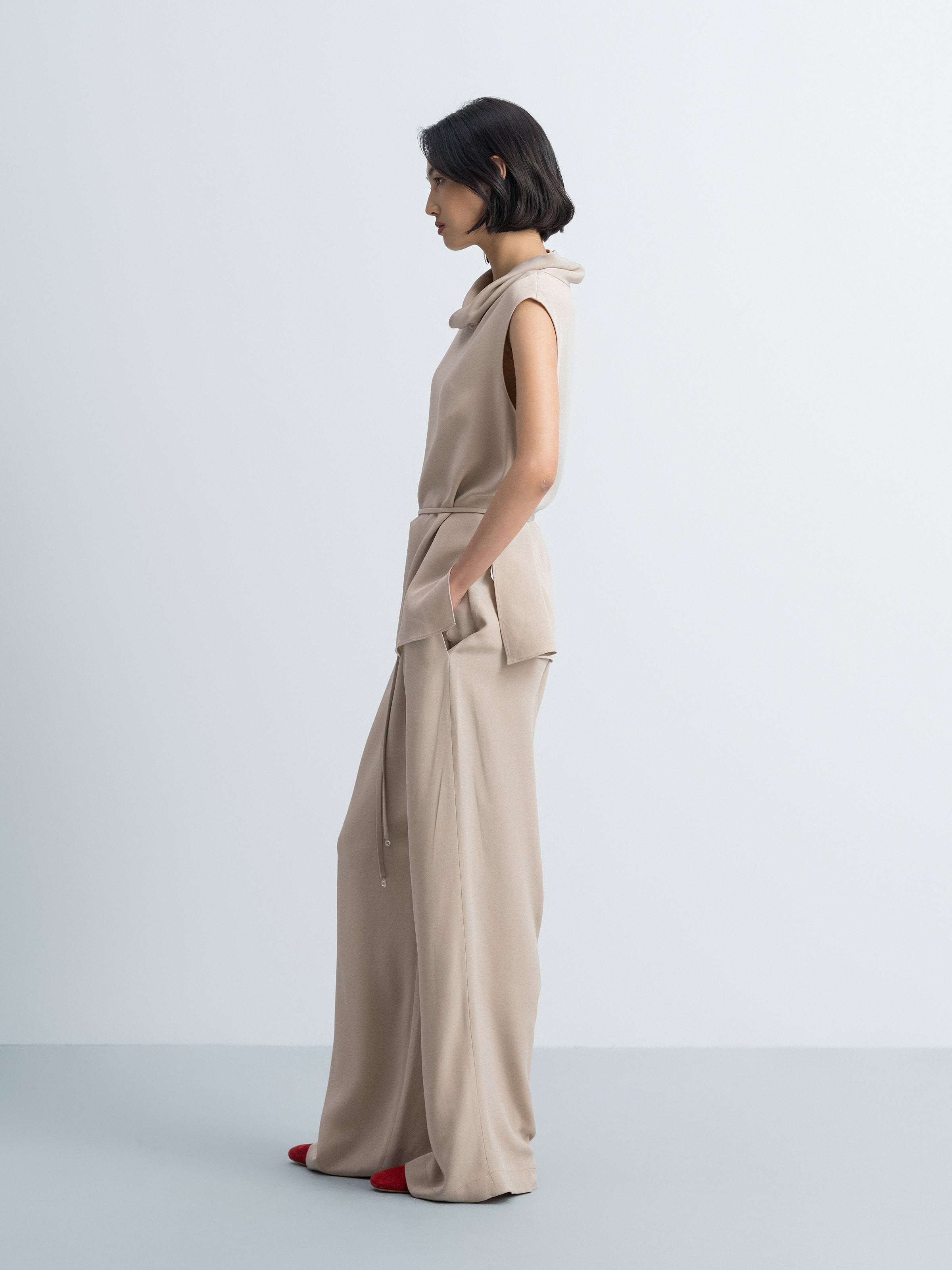 Light Khaki Mulberry Silk Double Pleat Wide-Leg Trousers