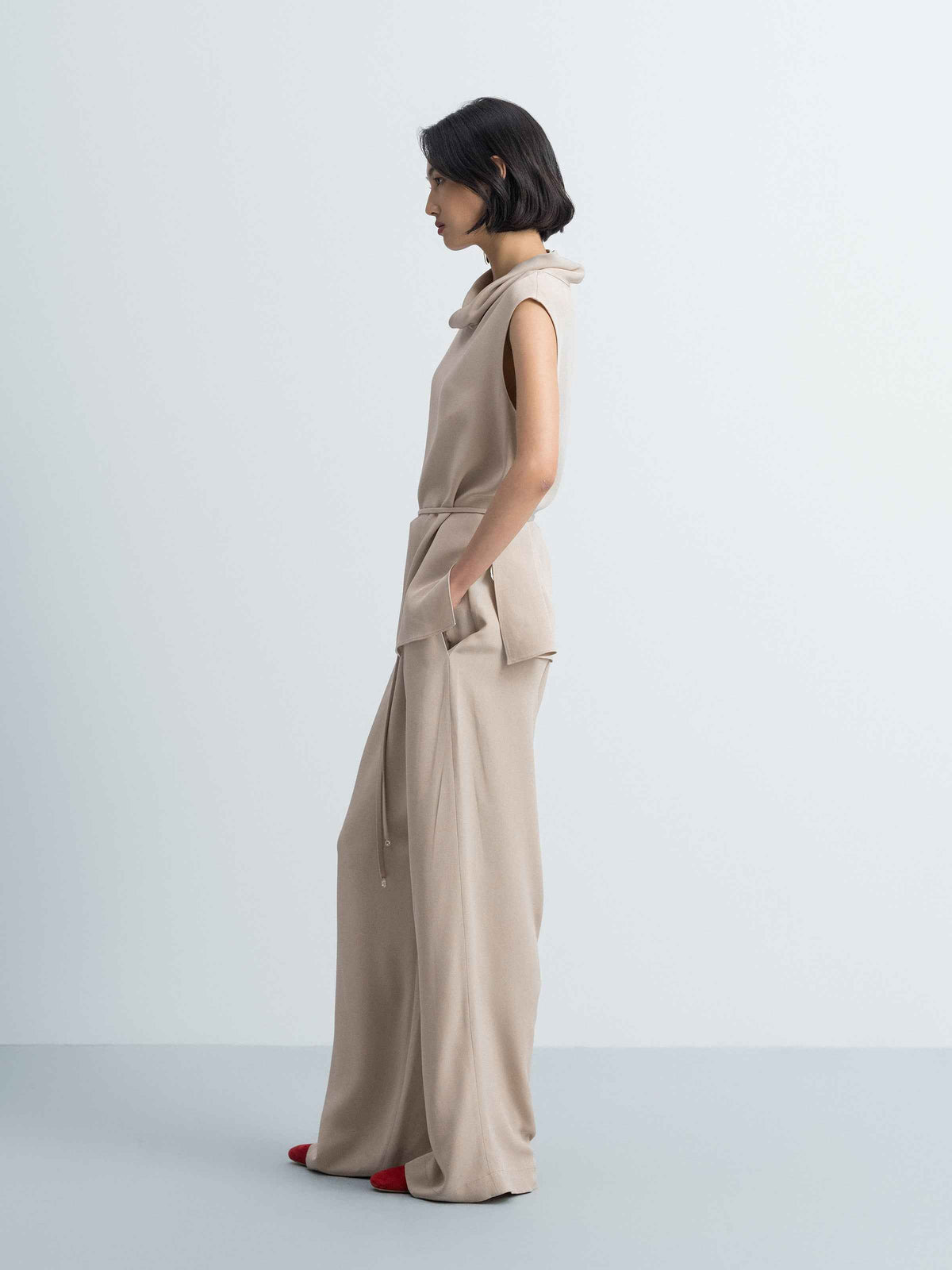 Light Khaki Mulberry Silk Double Pleat Wide-Leg Trousers