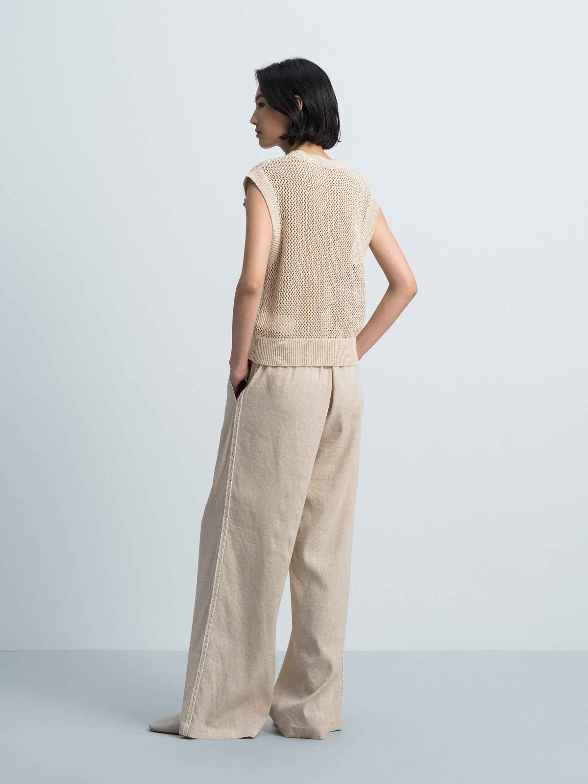 Beige Cotton Poly Linen Hollow Henley 3D Flower Knit Vest