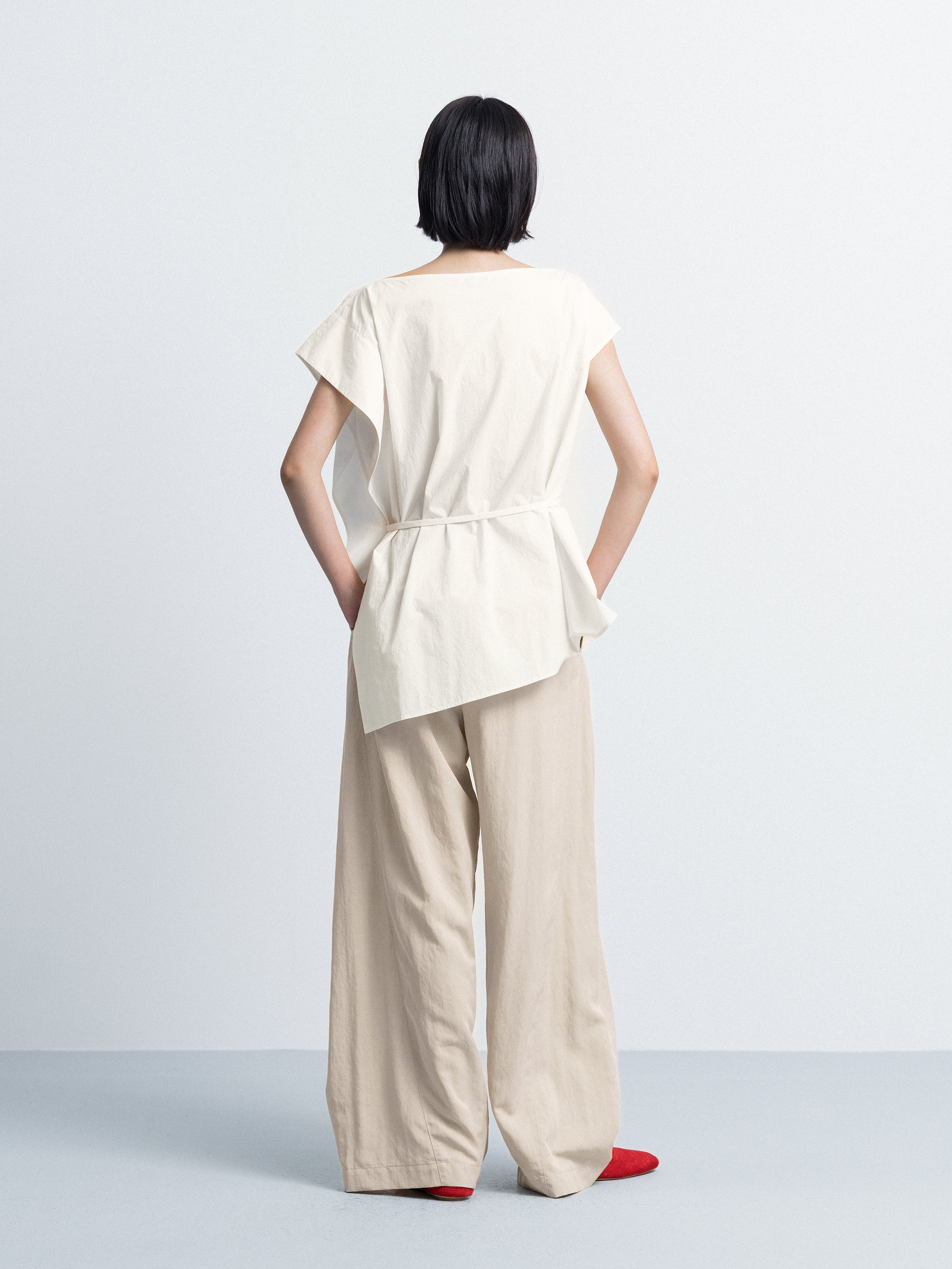 Cream White Pima Cotton Asymmetric Belt Waist Sleeveless Top