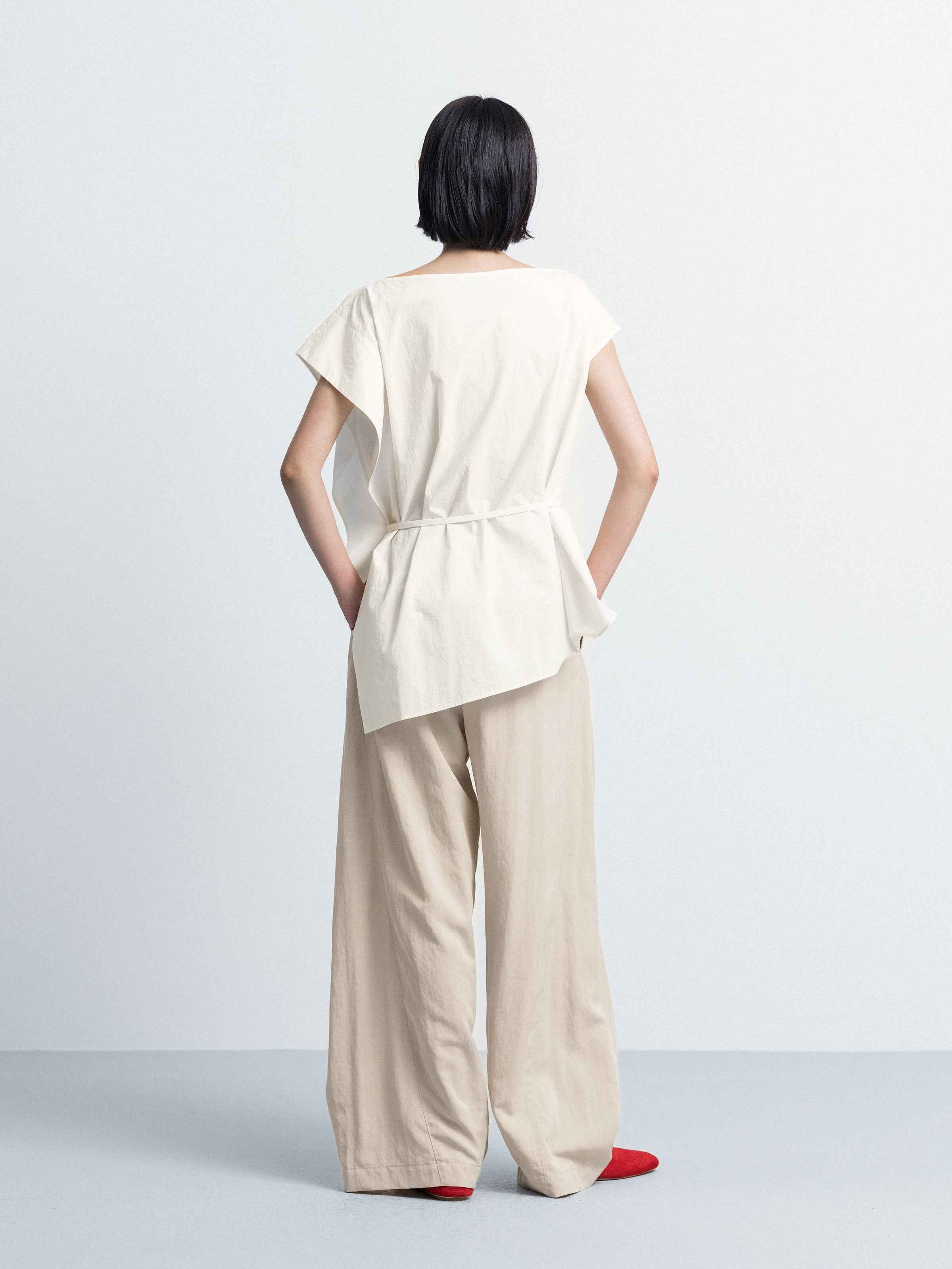 Cream White Pima Cotton Asymmetric Belt Waist Sleeveless Top